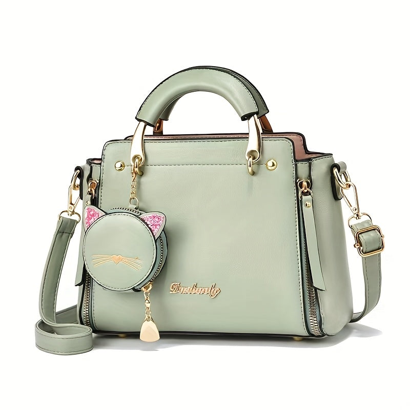 Women'S Fashion Cat Head Handbag, 2025 Trendy Shoulder Bag with Zipper Closure, Polyester Lined, Painted Edges, Versatile Solid Color - White, Red, Black, Pink, Khaki, Grey, Blue, Green, Purple, Light Blue