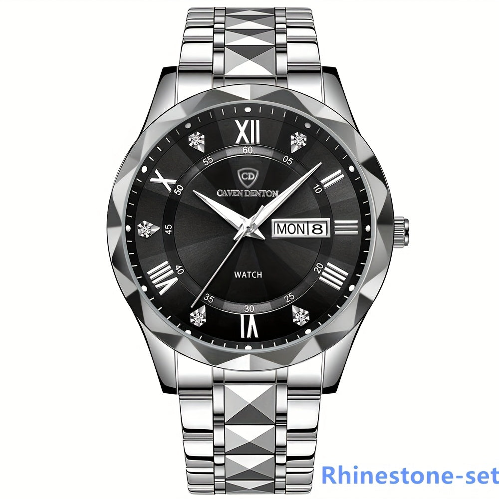 Fashionable Men'S Quartz Watch with a Diamond-shaped Dial, IPX7 Waterproof, Dual Calendar, Luminous Steel Strap, Business Watch