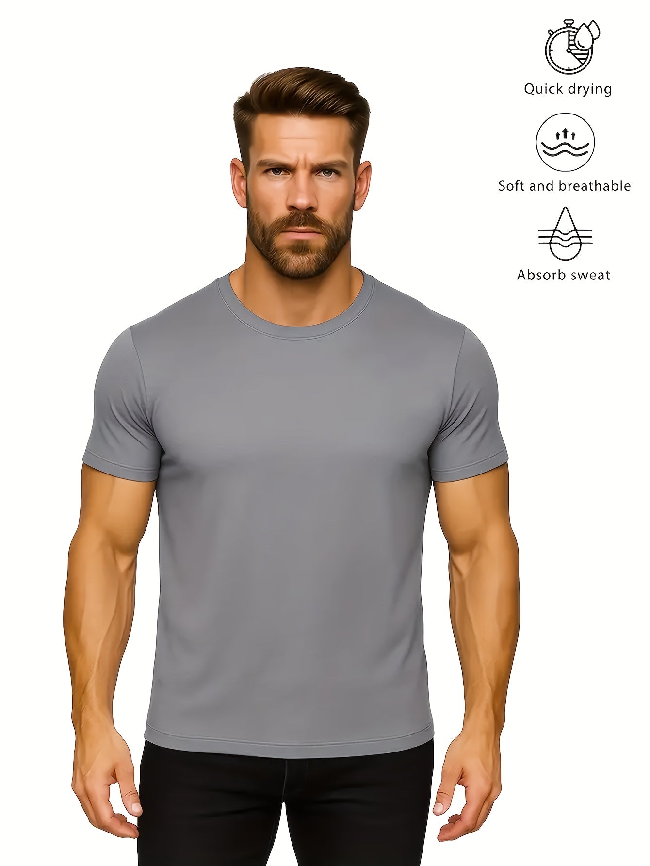 2pcs Men's Quick-Dry T-Shirts - Moisture-Wicking Breathable Gym Shirts with Custom Logo Print, Regular Fit Round Neck for Workout & Casual Wear, Workout Shirts, Durable Sportswear