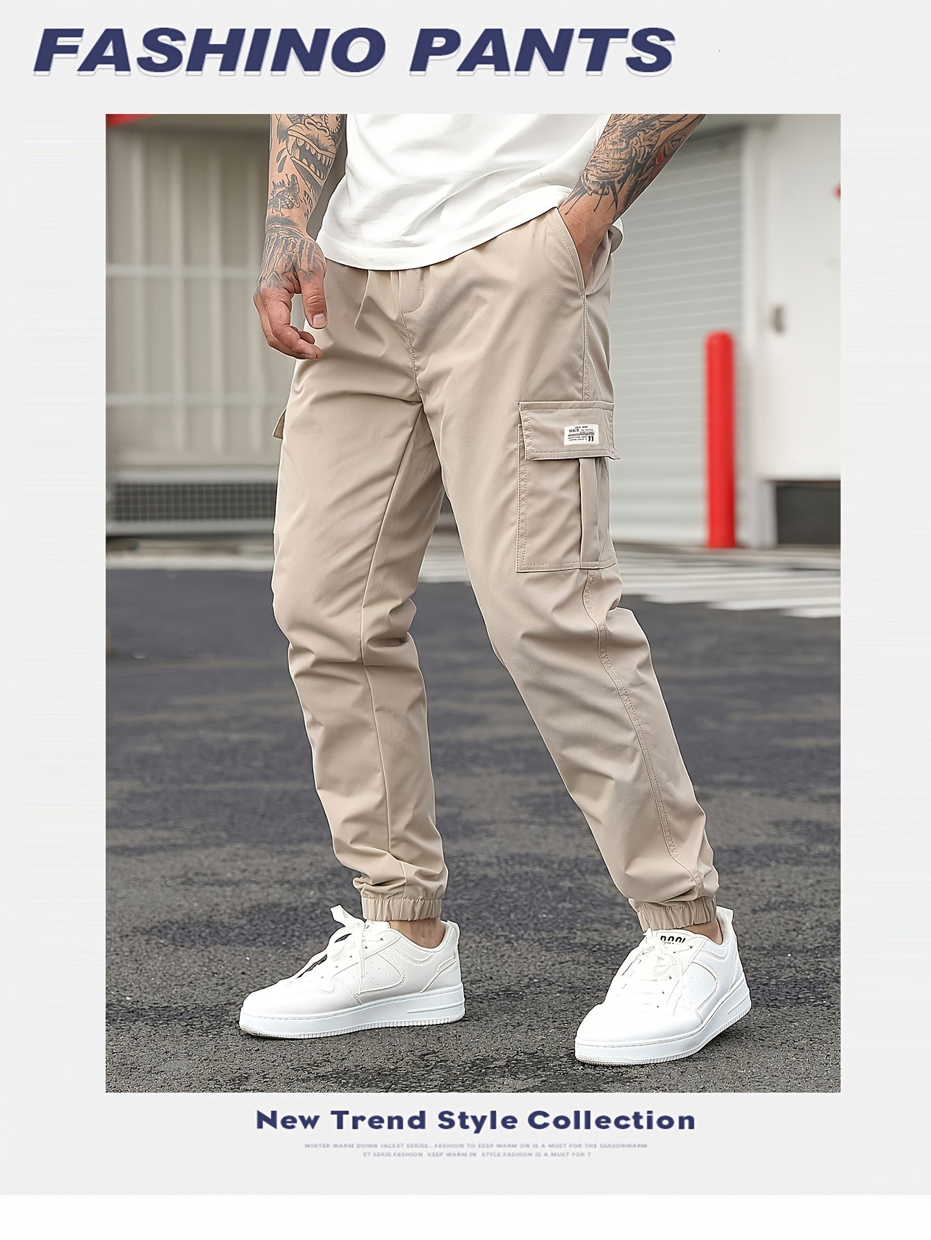1pc Men'S Casual Polyester Cargo Pants - Mid Waist Elastic Joggers with Multiple Pockets, Non-Stretch Solid Color, Regular Fit for Weekend Wear - Spring/Fall Fashion Trousers