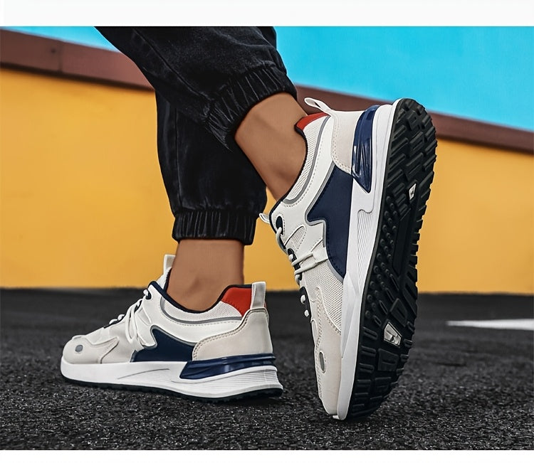 Men's Plus Size Breathable Mesh Casual Sneakers - Low-Top Lace-Up Walking Shoes with Cushioned PVC Sole, All-Season Outdoor & Daily Wear in White/Navy/Red Accents, Outdoor Footwear | Modern Sneakers | Durable Fabric Shoes