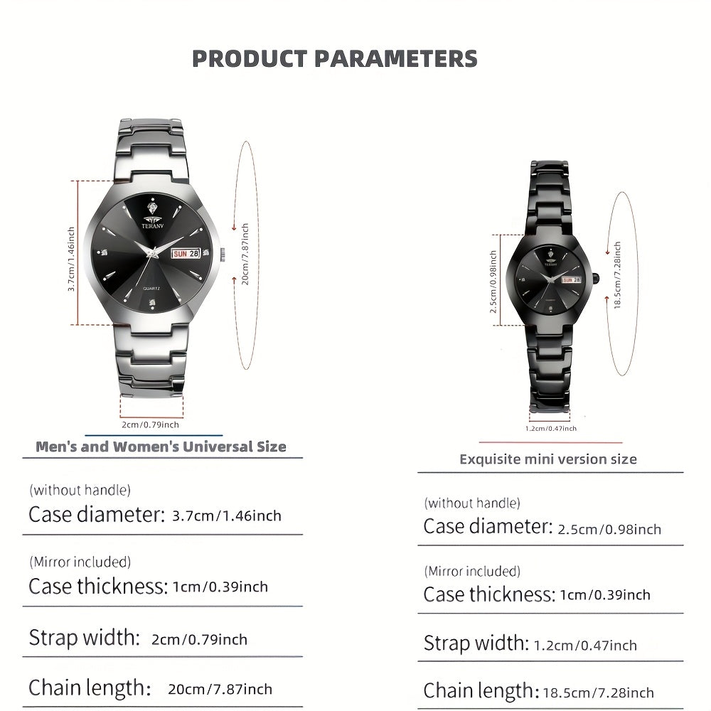 2pcs Couple Watches for Men & Women - Stainless Steel Strap, Rhinestone Accents, Luminous HD Display with Week Calendar, Quartz Movement, Elegant Gift for Valentine's Day, Mother's Day, Father's Day, Special Occasion Watch |