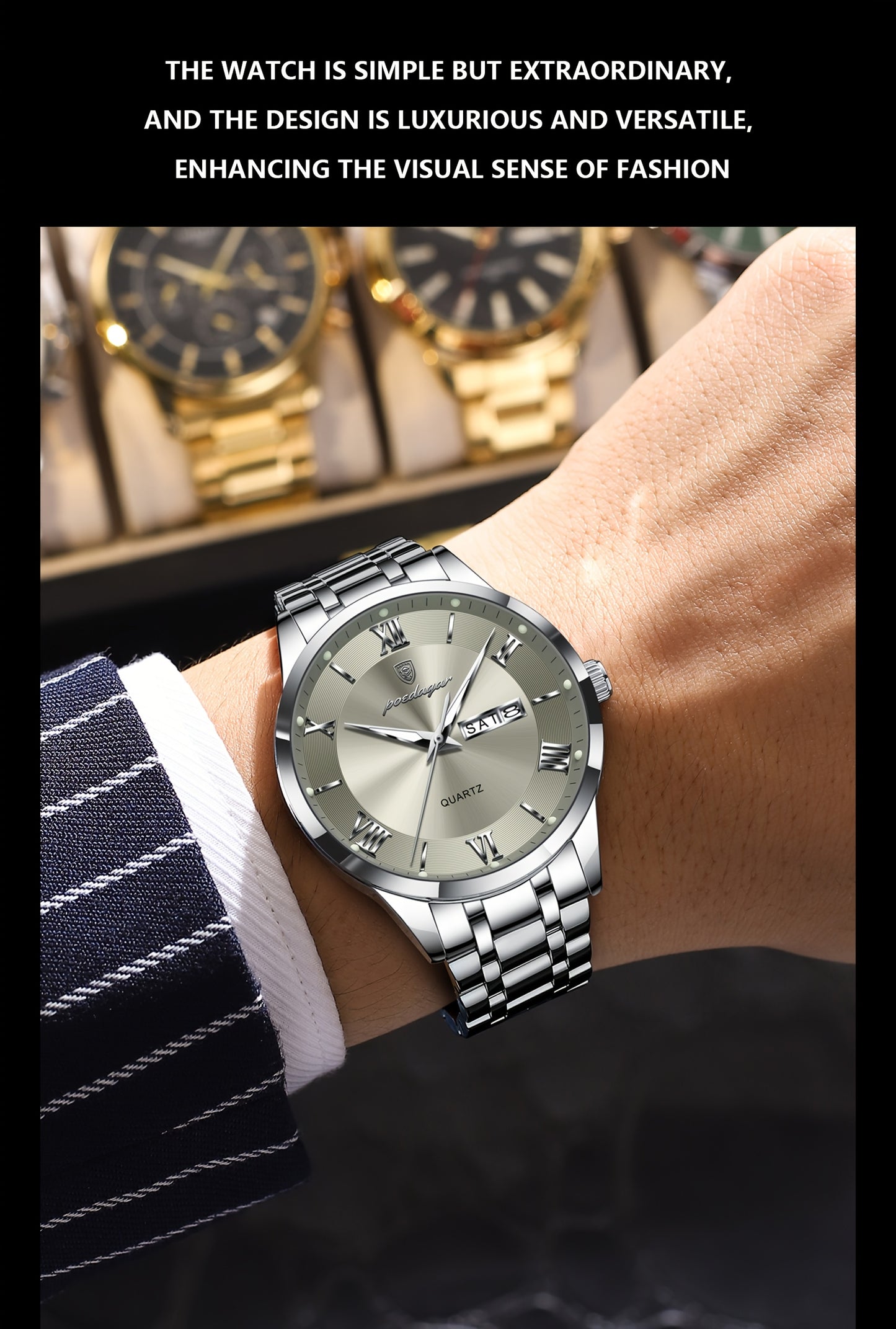 POEDAGAR Men'S Quartz Watch, Sports Style, Waterproof 3ATM, Luminous Calendar, Stainless Steel Strap, Pointer Display, Alloy Case, Electronic Drive, Non-Rechargeable Button Battery, with Spring Festival and Football Holiday T