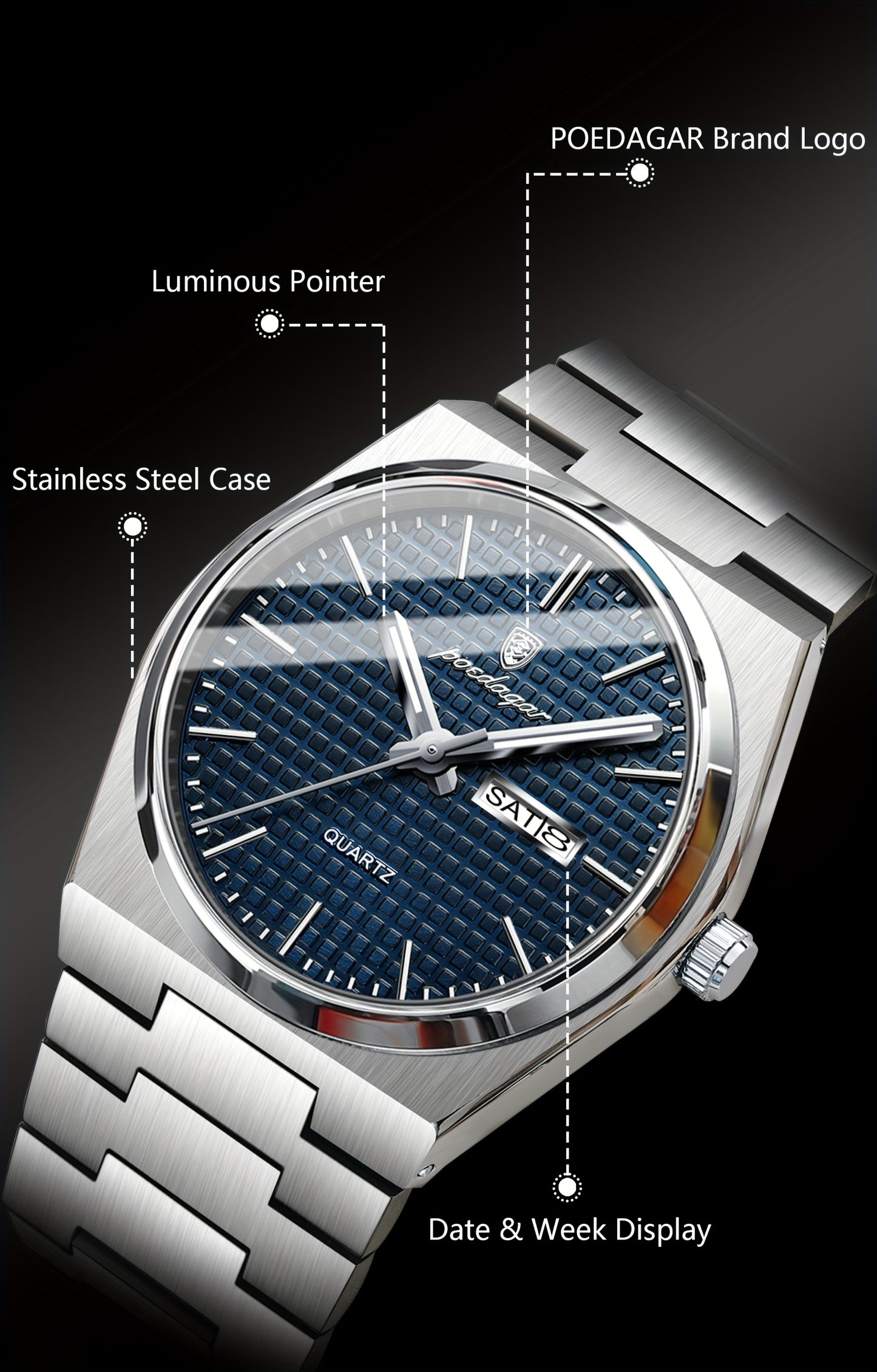 POEDAGAR Elegant Women'S Quartz Watch, Luminous Calendar, Stainless Steel Band, Round Alloy Case, Fashionable Night-Glowing Dial with Blue & Orange Accents