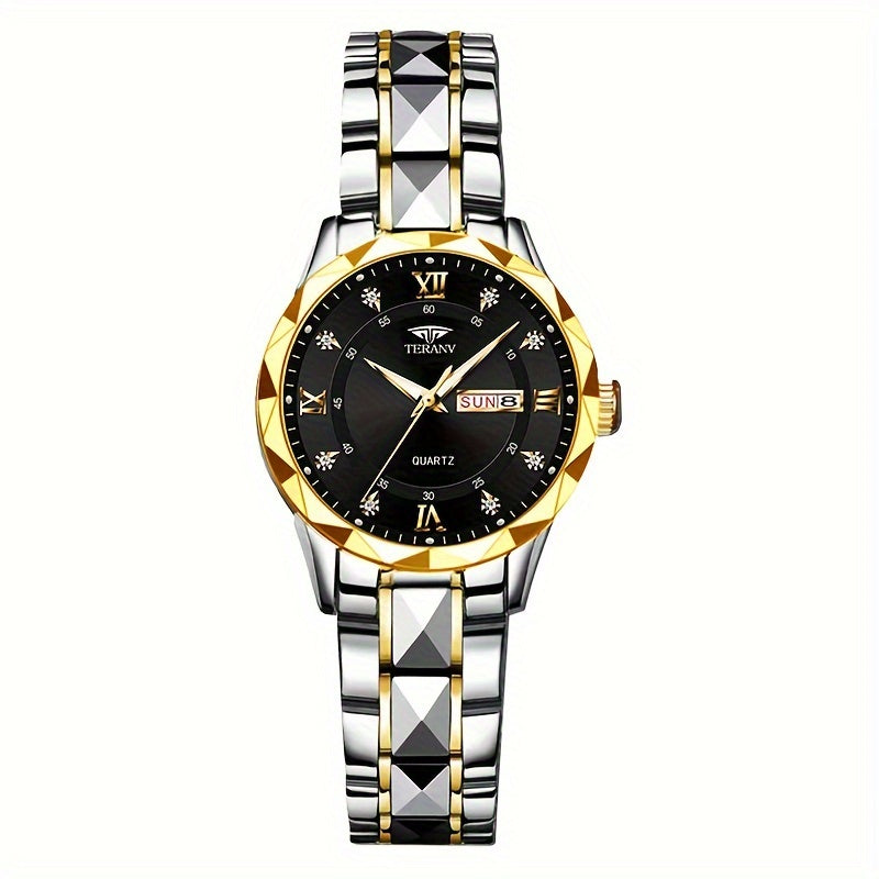 1pc Women's Stainless Steel Watch with Luminous Blue Dial, Date & Day Display, High Quality IPX7, Quartz Movement - Casual Elegant Design for Sports & Travel, Birthday Holiday Gift, Casual Attire, Secure Clasp Wristwatch