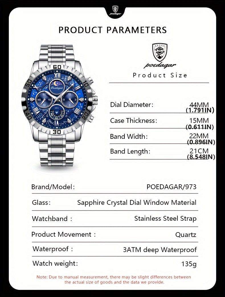 POEDAGAR Men'S Luxury Stainless Steel Quartz Watch with Moon Phase and Calendar - Waterproof, Night-Glow Hands, and Detailed Dial for Business and Formal Attire, Formal Watch | Detailed Watch Face | Quartz Movement