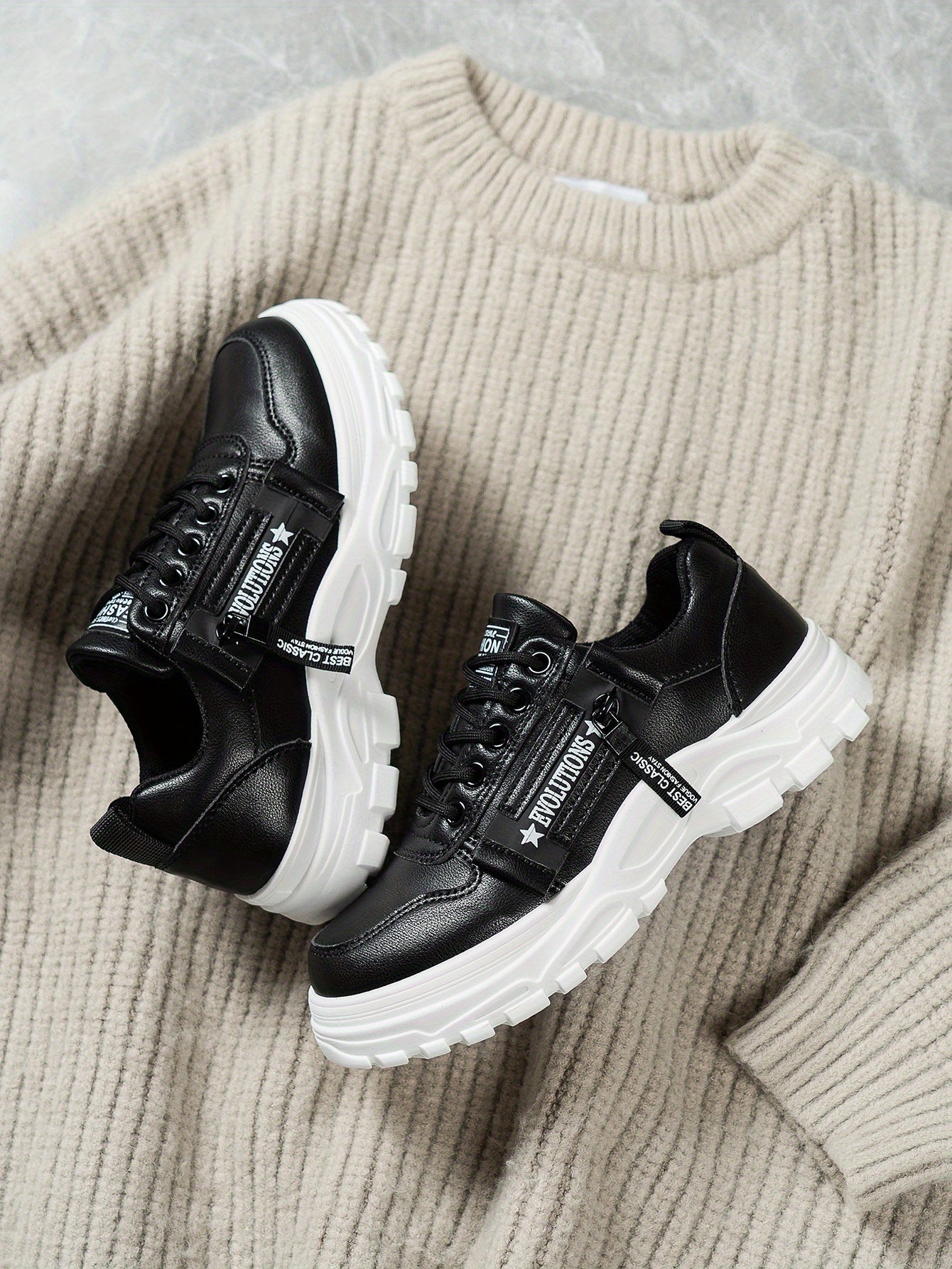 Women'S Breathable Knit Sneakers - Lightweight Thick Sole Casual Walking Shoes in White & Black, Synthetic Cover Upper with Rubber Outsole, Lace-Up Low-Top Design for Indoor/Outdoor, Travel, Beach & Shopping - Cute Gift for M