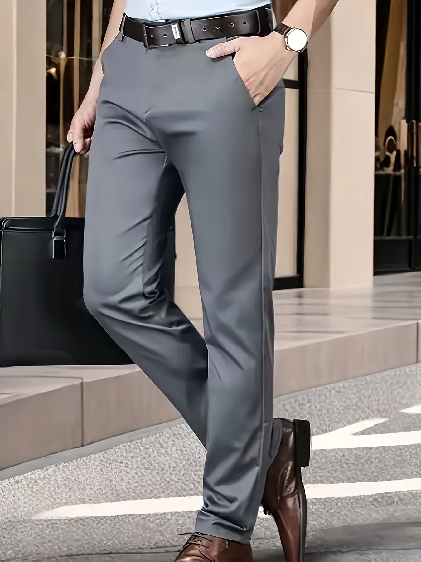 Men's Classic Business Dress Pants, Solid Color Casual Trousers, 100% Polyester, Regular Fit, with Zipper Fly, for Daily Wear and Gifting, All-Season, Allseason Trousers | Notch Lapel Design | Polyester Trousers