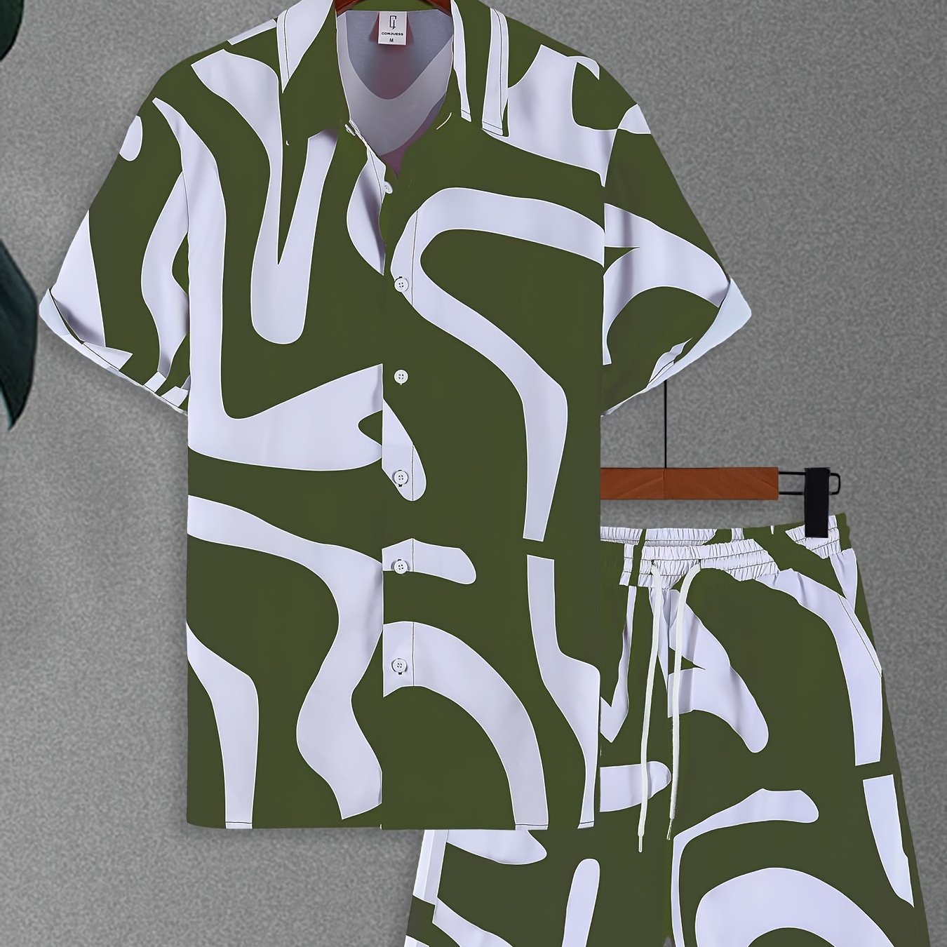 CONJUESS Men'S Summer Casual Short Sleeve Shirt and Shorts Set, Polyester 100%, Lapel Collar, Non-Stretch Woven Fabric, Irregular Striped Print, Regular Fit, 120g/m² - Green and White