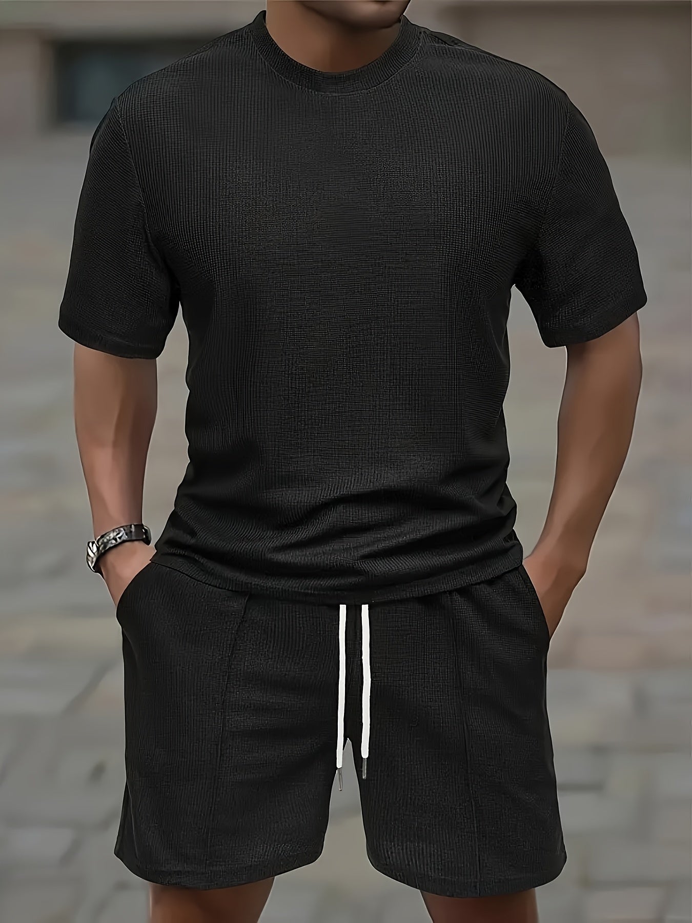 European and American Style Men's Basic Solid Color Set Round Neck Short Sleeve T-Shirt + Shorts Two-Piece Suit