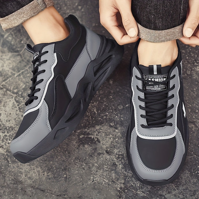 Men's Retro Sporty Casual Sneakers - Low-Top Breathable PU Upper, Cushioned EVA Insole & Durable PVC Outsole - All-Season Comfort for Daily Wear, Running & Casual Outings - Black