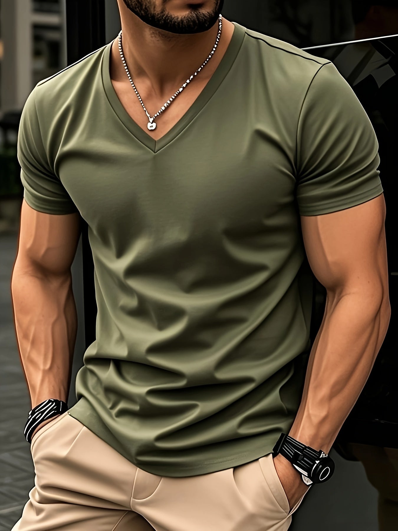 Men'S V-Neck Short Sleeve T-Shirt - Lightweight & Breathable, Casual Fit, Solid Black, Perfect for Summer, High-Quality Knit Fabric, Everyday Tshirt | Casual Style | Comfortable Fit