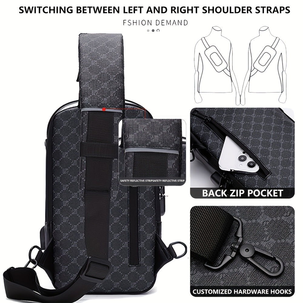 Elegant Black Crossbody Bag with Adjustable Strap, Anti-Theft Zipper Closure, and Polyester Lining - Stylish Chest Bag for Men and Women, Secure Travel Bag|Patterned Chest Bag|Durable Zipper Closure