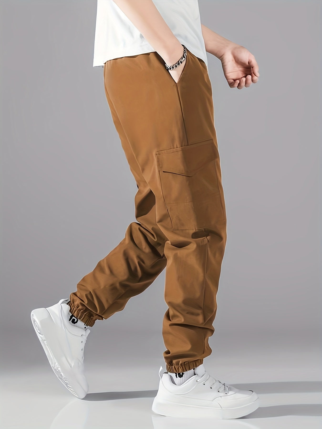 Men's Casual Athletic Cargo Pants - Solid Color, Polyester, Machine Washable with Multiple Pockets