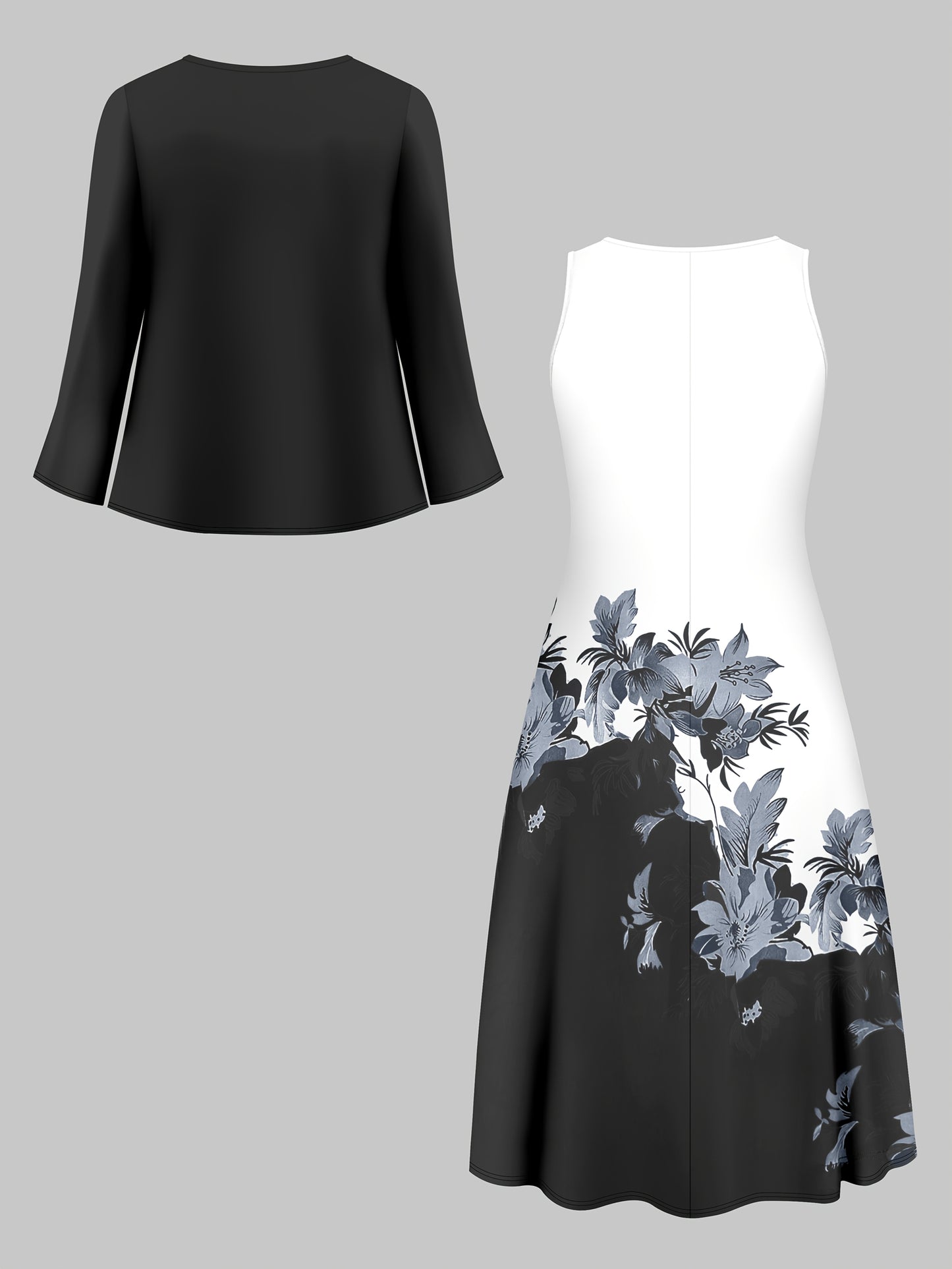 Fashion Women's solid color small cardigan and floral print patchwork dress two-piece set