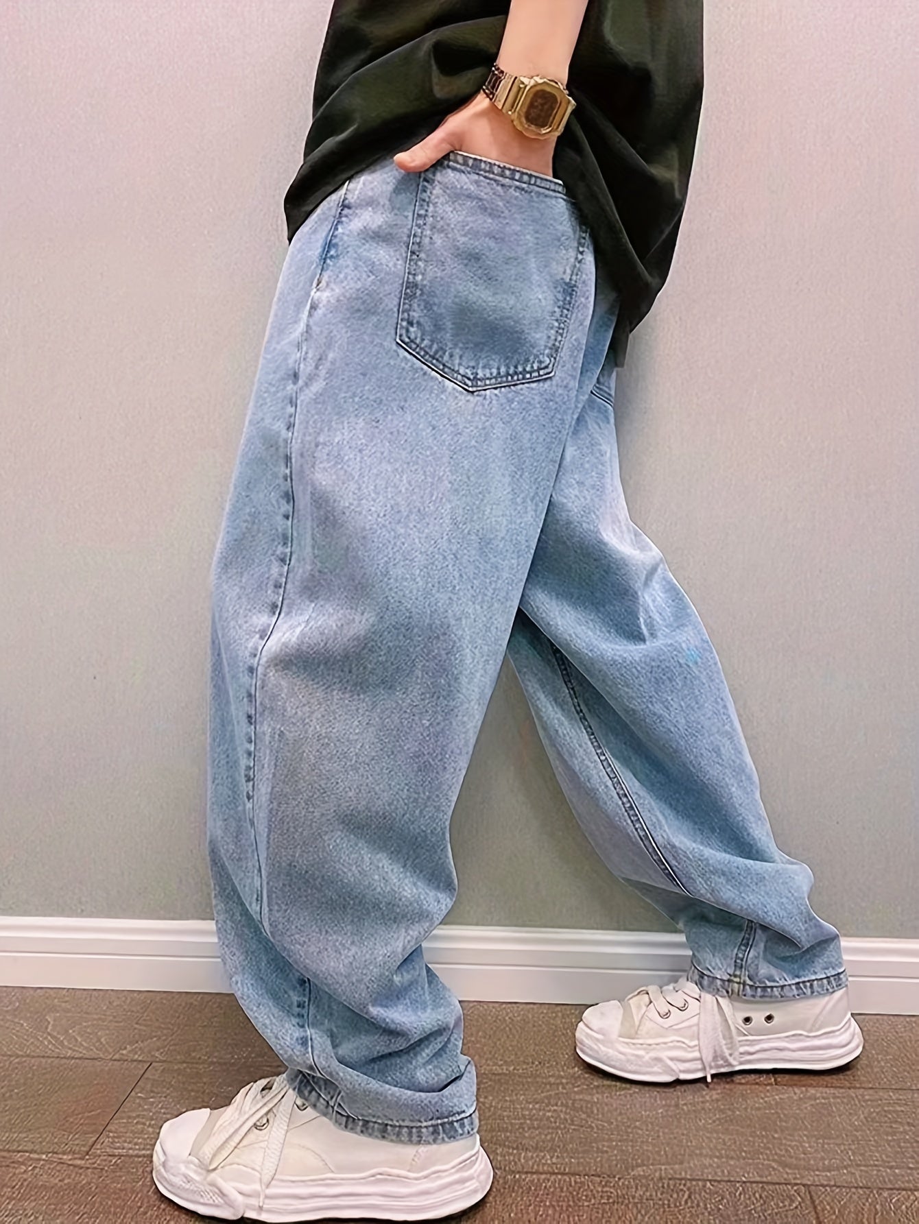 New Men'S Long Pants for Spring And Summer 2024, Light Blue Washed Denim, Loose-Fitting Casual Street Style Jeans.