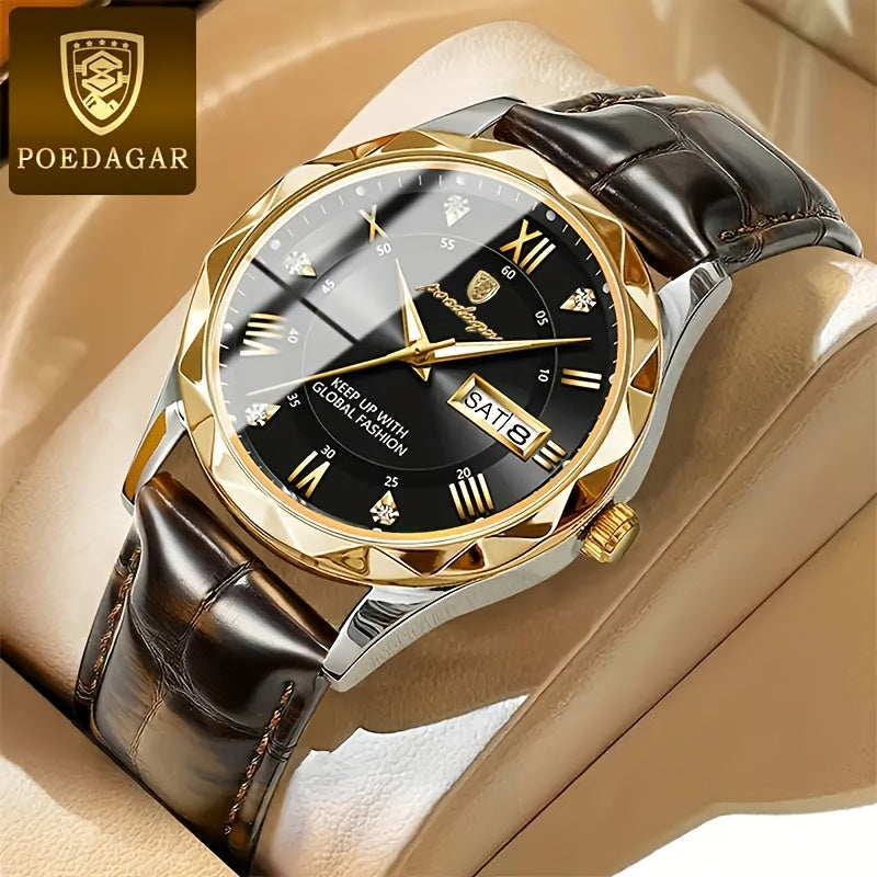 POEDAGAR Men's Casual Fashion Quartz Watch, Water-Resistant 3ATM, Round Alloy Case, Luminous Hands, Calendar Feature, Battery Powered with Electronic Drive, Faux Leather Strap
