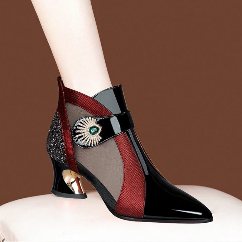 Geometric Pattern Sexy Heeled Sandals, Pointed Toe Zipper Closure, Mid Block Heel, Polyurethane Upper/Inner, Rubber Sole, Non-Washable - Fashionable Hollow Out Mesh Boots for Spring/Summer