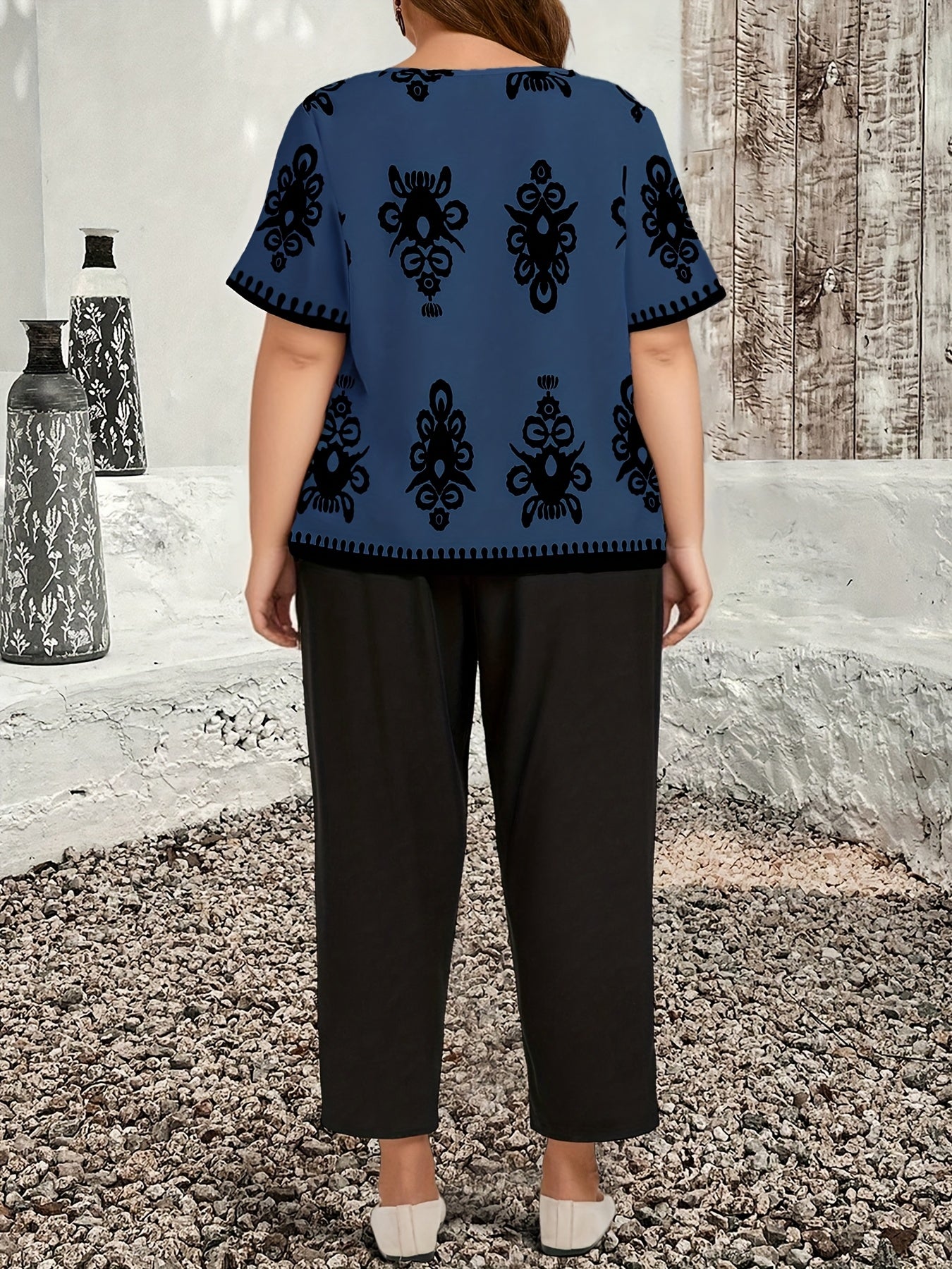 Plus Size Casual Country Print Loose Long Sleeve Pullover and Pants Two-Piece Set, Elegant Autumn Leonie