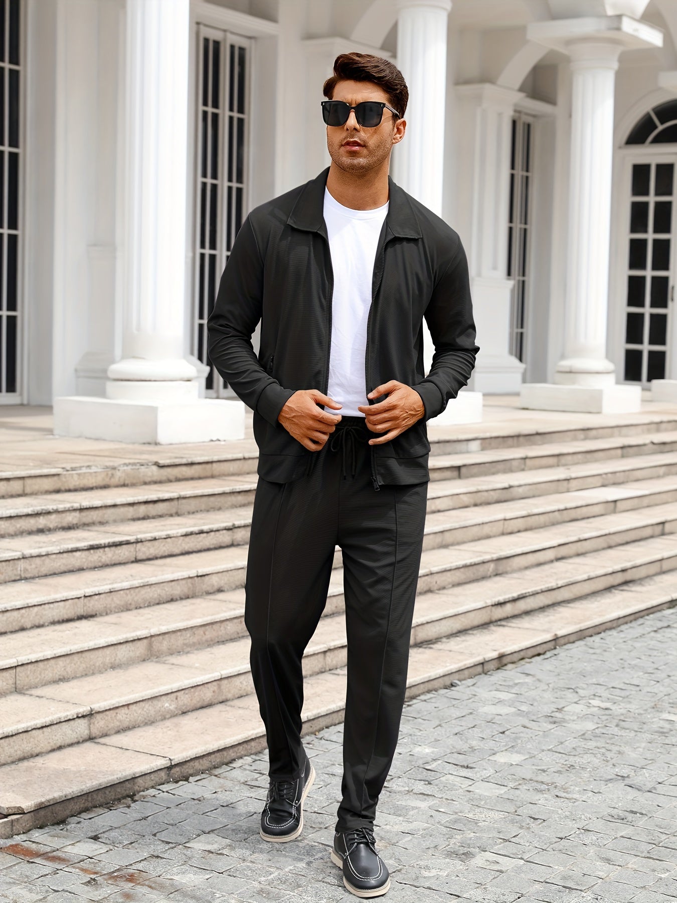 Men's Solid Waffle 2pcs Athletic Outfits, Zip-up Jacket & Pants co ord set for Outdoor Sports