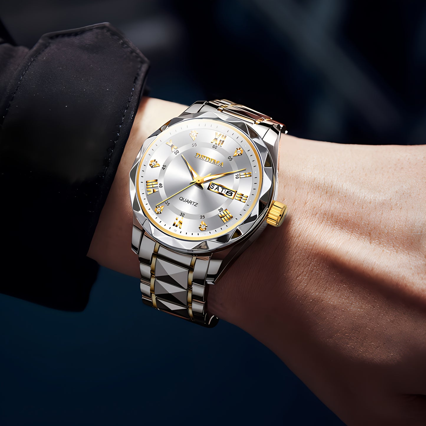 Elegant Men's Stainless Steel Watch with Dual Calendar, Luminous Display & Rhinestone Accents - Perfect for Business or Casual Wear