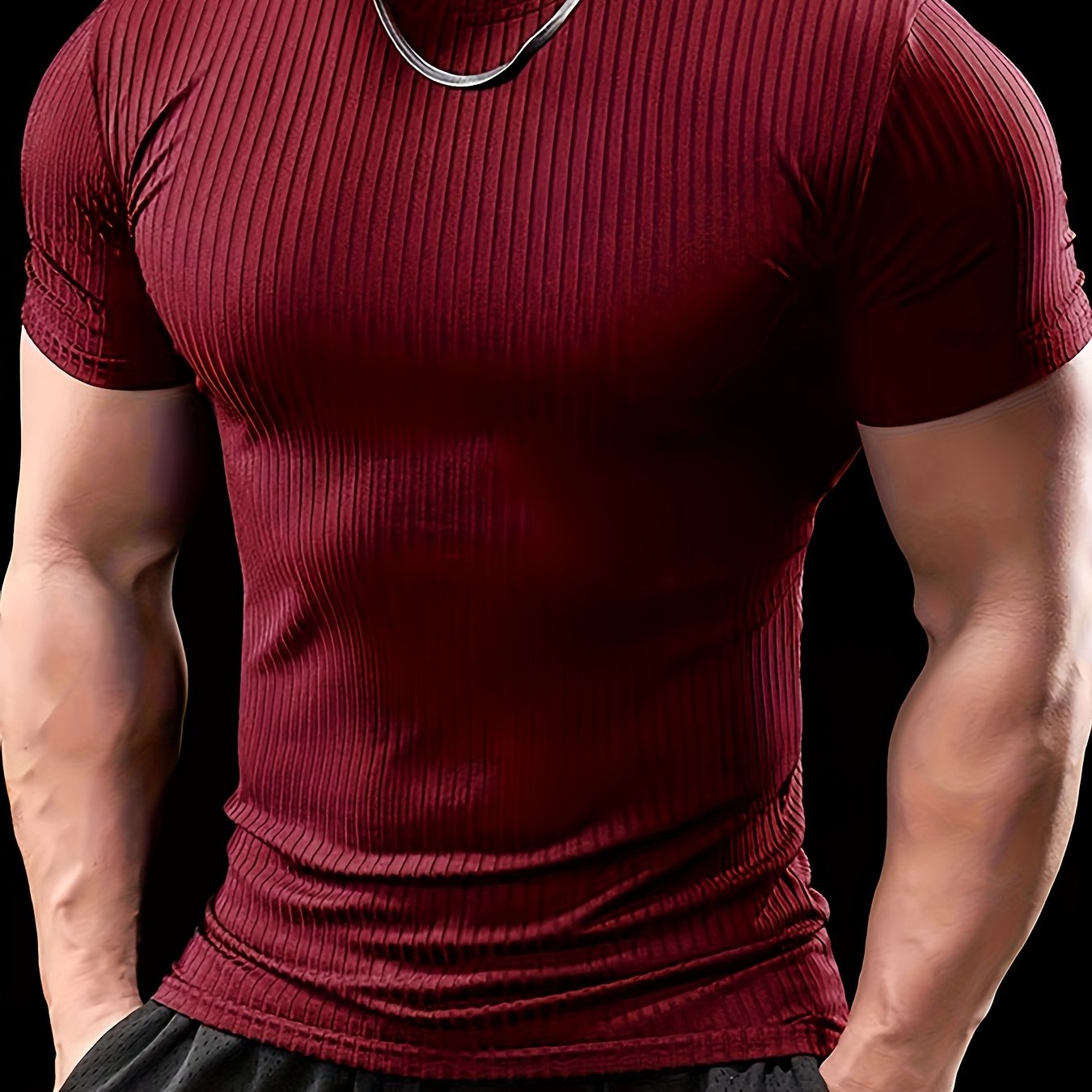Men's Slim Fit Ribbed Short Sleeve T-Shirt - Stretchy Athletic & Casual Wear, Green, Round Neck, Machine Washable, Muscle-Enhancing Design, Gym Shirts