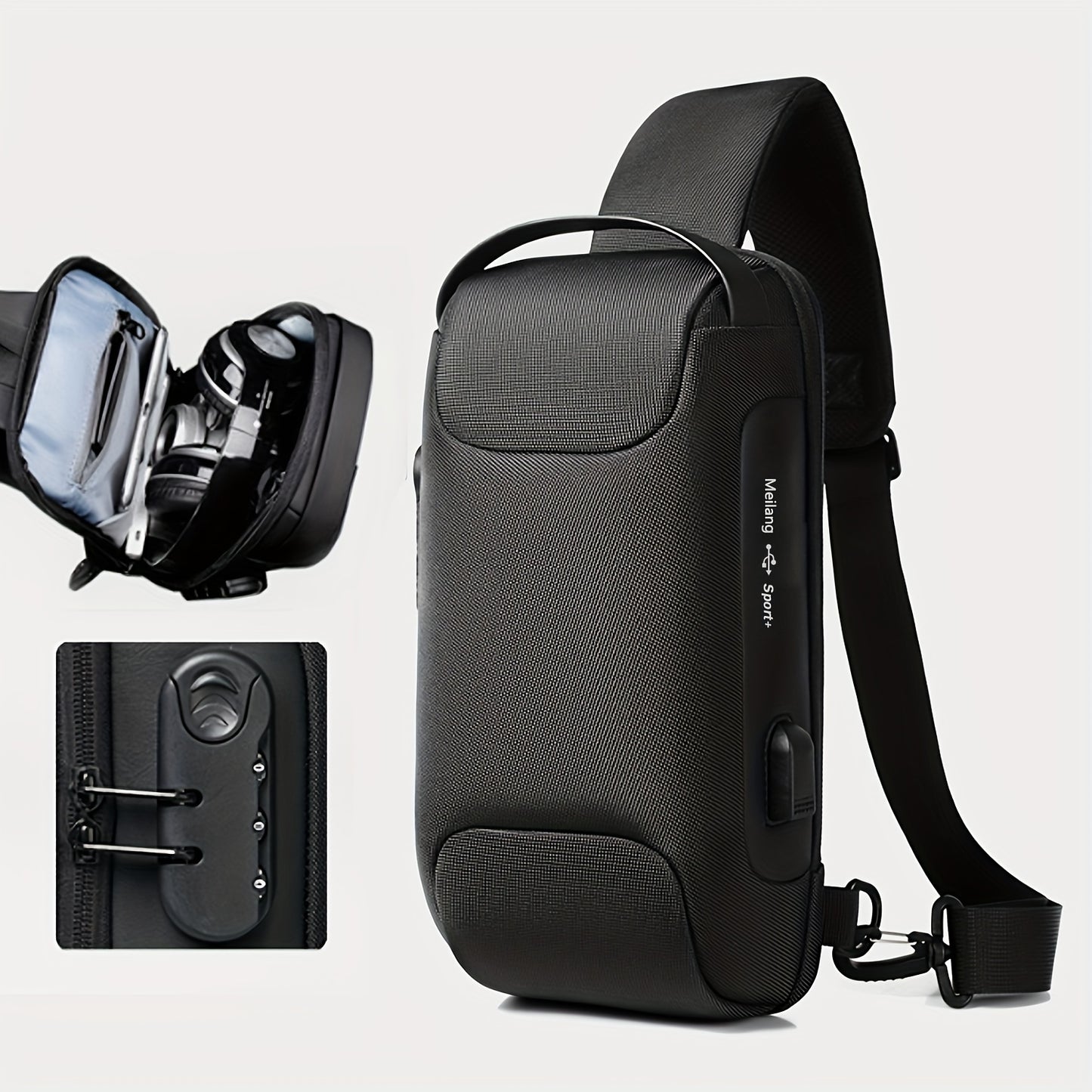Men's Lightweight Crossbody Backpack with USB Charging Port & Password Lock, Adjustable Anti-Theft Shoulder Bag for Travel, Commuting, Daily Use - Durable Polyester Casual Daypack, Secure Travel Bag | Minimalist Backpack | Sl