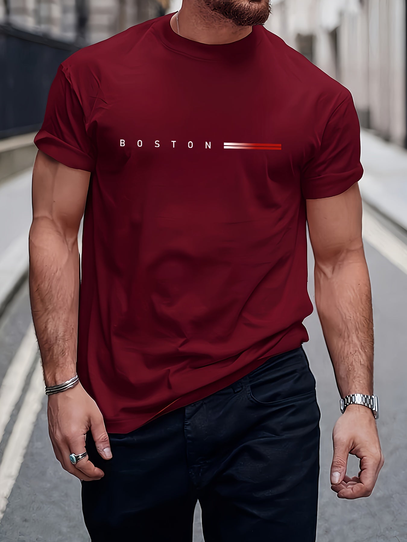 Men's Heavyweight 180gsm Cotton T-Shirt - Dark Gray Crew Neck Tee with Bold "Boston" Print, All-Season Everyday & Formal Shirt for Men - Machine Washable Luxury Casual Top, Versatile Clothing, Modern Design, Premium Fabric, S