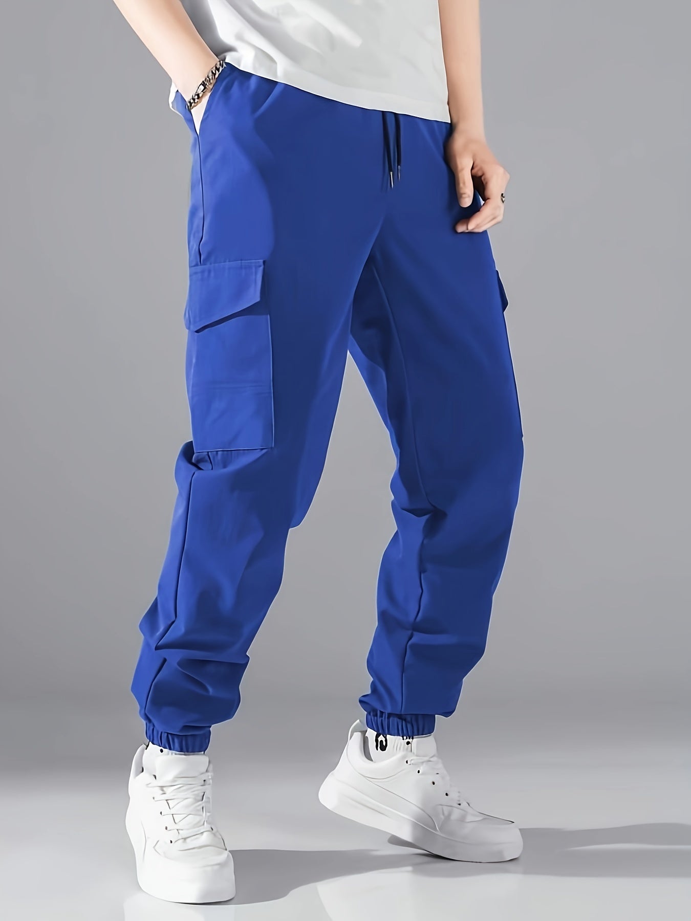 Men's Casual Athletic Cargo Pants - Solid Color, Polyester, Machine Washable with Multiple Pockets