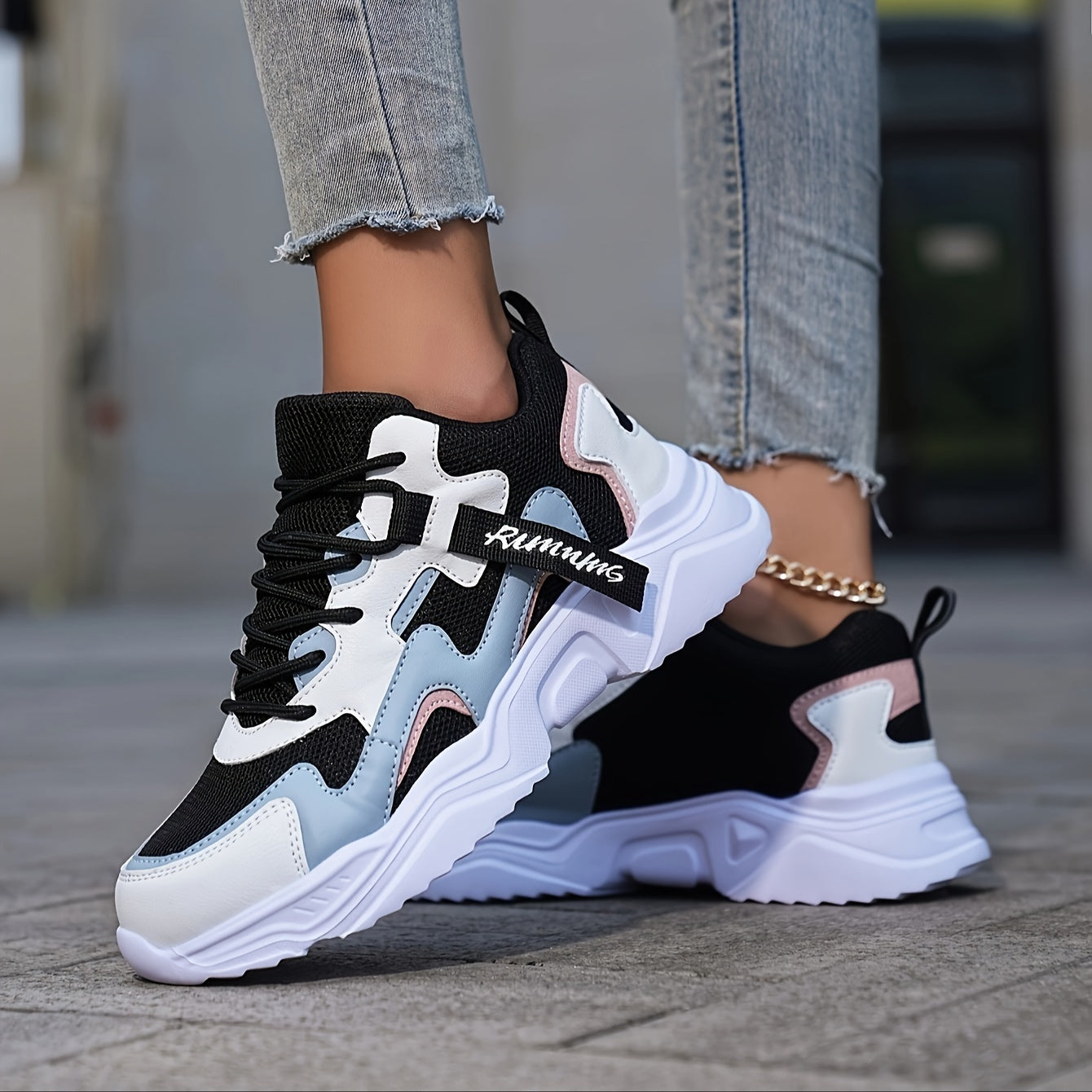 Women's Casual Color Blocking Design Non-slip And Wear Resistant Sneakers, Trendy And Comfortable, Versatile Height Increasing Thick Soled Sports Shoes