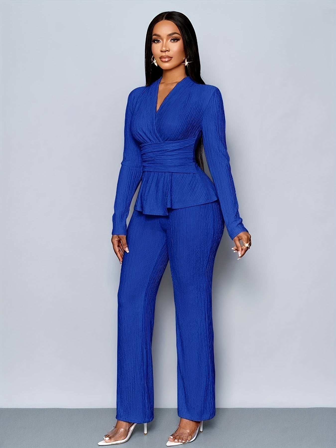 Elegant Women'S V-Neck Long Sleeve Top and Wide Leg Pants Two-Piece Set, Asymmetrical Hem Two-Piece Outfit for Casual Daily Wear, Winter Women'S Clothing