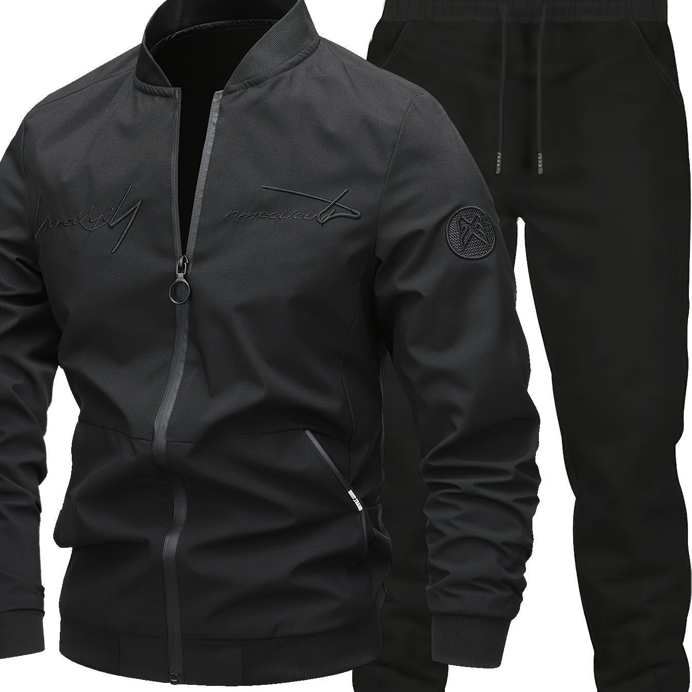 2pcs Men's Classic Bomber Jacket & Jogging Pants Set - Sleek Black with Letter Embroidery, Elastic Cuffs & Waistband, Durable Polyester, Perfect for Outdoor Activities & Casual Wear, Jogging Suits