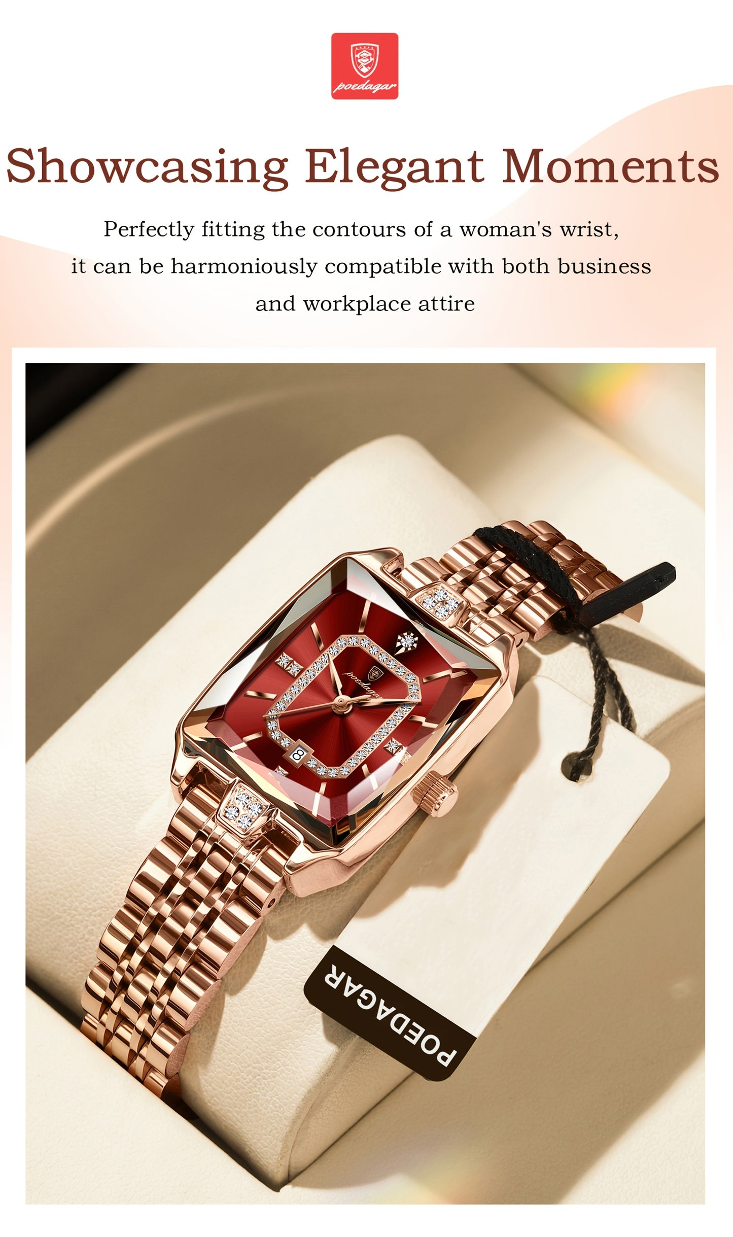 POEDAGAR Elegant Women's Quartz Watch - Rose Golden Stainless Steel, (3ATM), Square Dial with Gemstone Accents, Date Display, Luxury Fashion Accessory for Casual or Formal Occasions