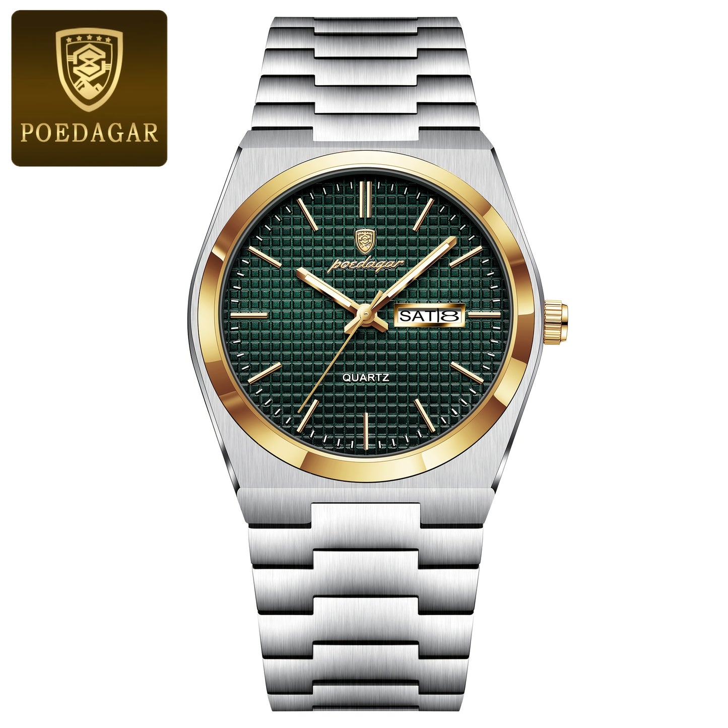 POEDAGAR Elegant Women'S Quartz Watch, Luminous Calendar, Stainless Steel Band, Round Alloy Case, Fashionable Night-Glowing Dial with Blue & Orange Accents