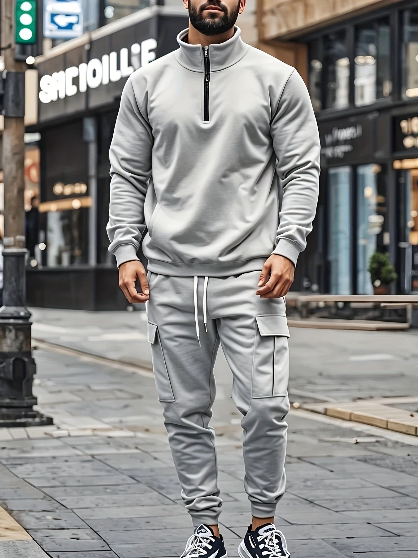 Versatile Ensemble, Men's Casual 2pcs Set: Heavyweight Zip-Up High Neck Sweatshirt & Pocketed Work Pants - Solid Color, Plush Fabric for Fall/Winter
