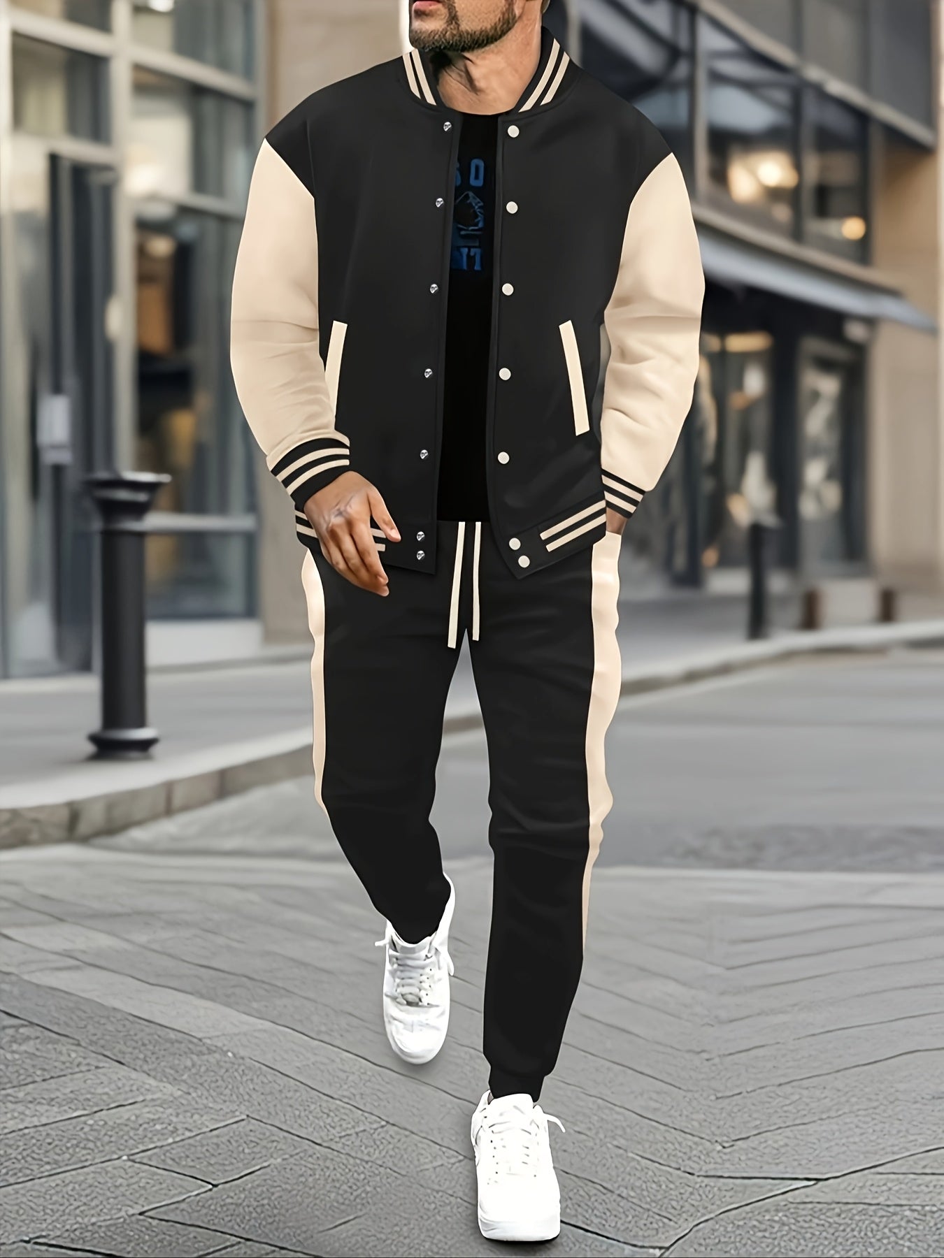 Men's Casual Baseball Jacket & Pants Set - Color Block, Polyester, Button-Up with Belt Detail for Spring/Fall