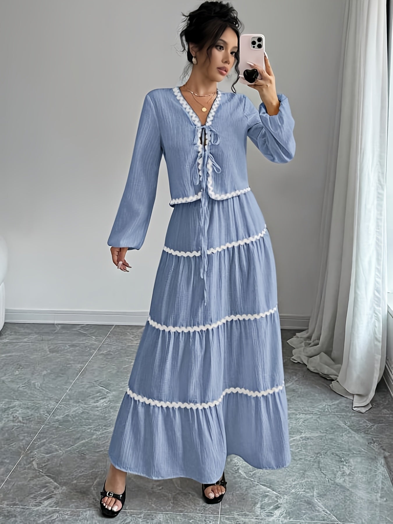 Women'S New Arrival Black and White Ruffled Lace Trim Long Sleeve Shirt with Tie Waist Umbrella Skirt Set, Stylish Elegant Vacation Commute Daily Wear Date Party Two-Piece Outfit Suitable for All Seasons