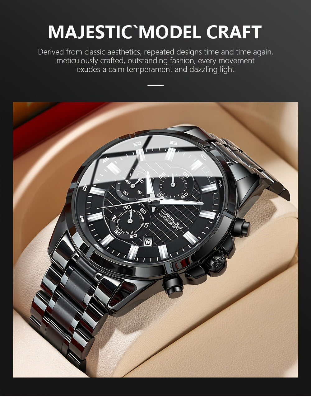 CRRJU Fashion Men's Watch, Business Solid Stainless Steel Multifunctional Chronograph Watch