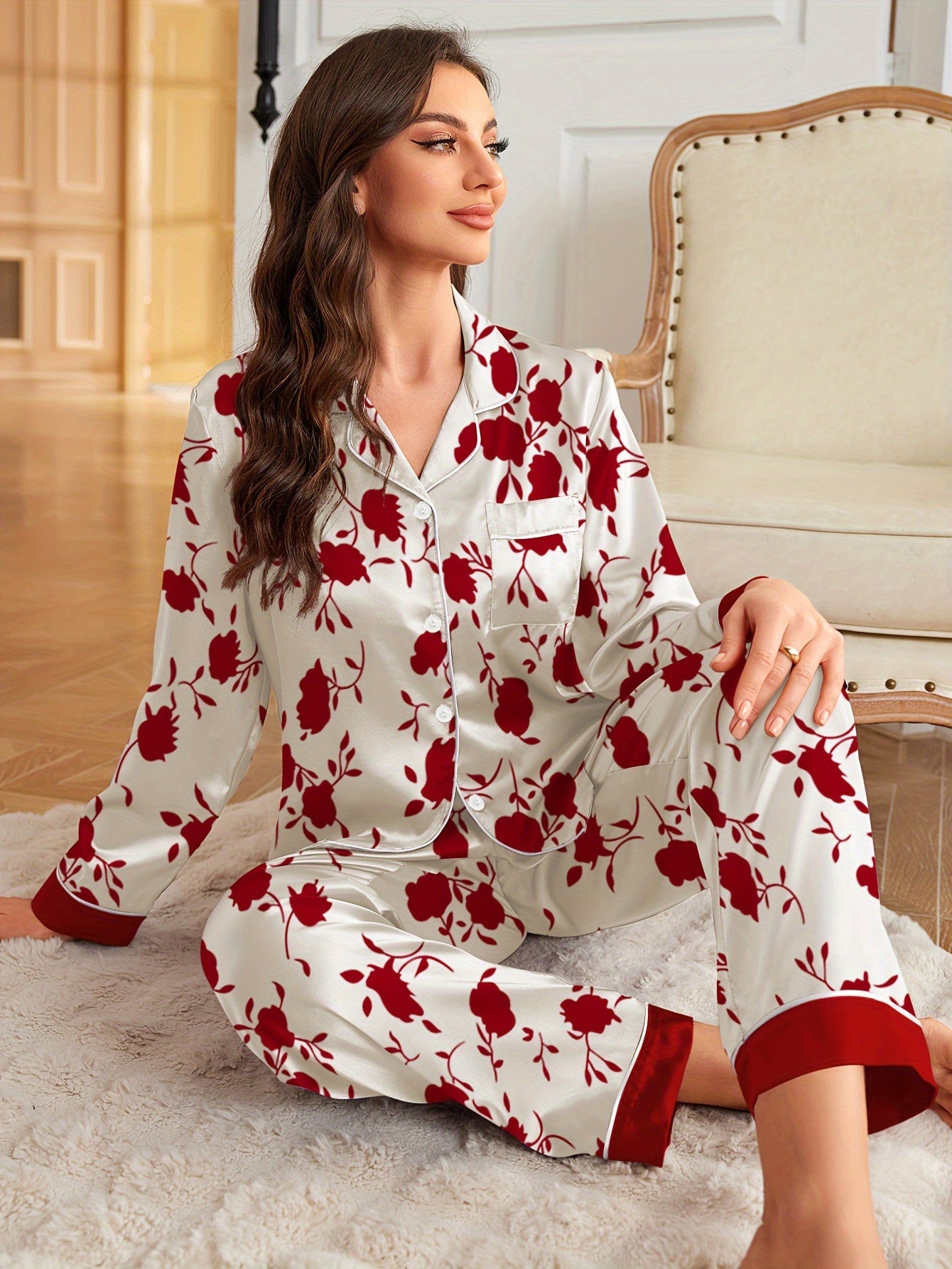 Elegant Satin Pajama Set for Women, Long Sleeve and Pants, Floral Print, Lapel Collar, All Season Basics, 90% Polyester 10% Elastane, Woven Fabric, Comfortable Sleepwear