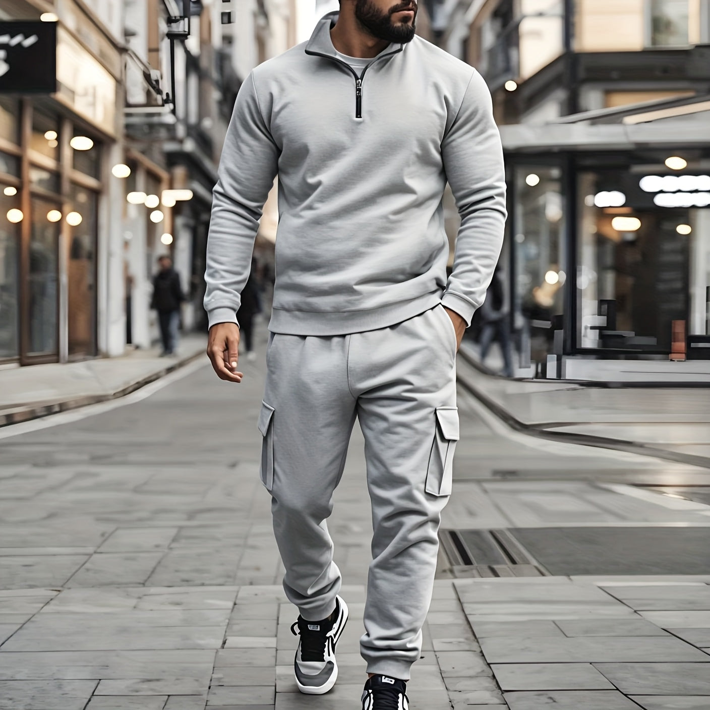 Versatile Ensemble, Men's Casual 2pcs Set: Heavyweight Zip-Up High Neck Sweatshirt & Pocketed Work Pants - Solid Color, Plush Fabric for Fall/Winter