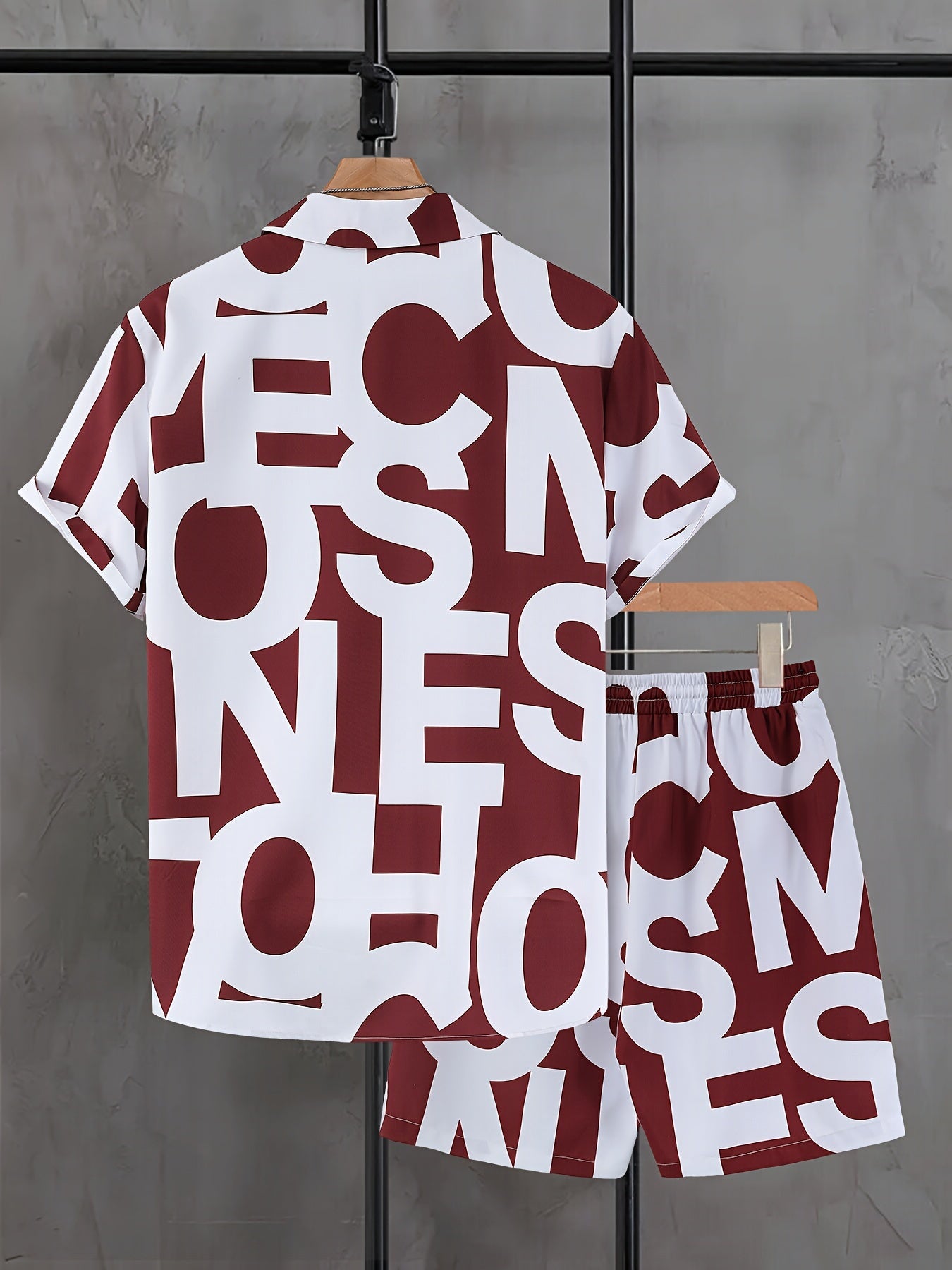 Men's Suit with Black and White Letter Print, Short Sleeve, Open Collar Shirt and Shorts, Casual Set