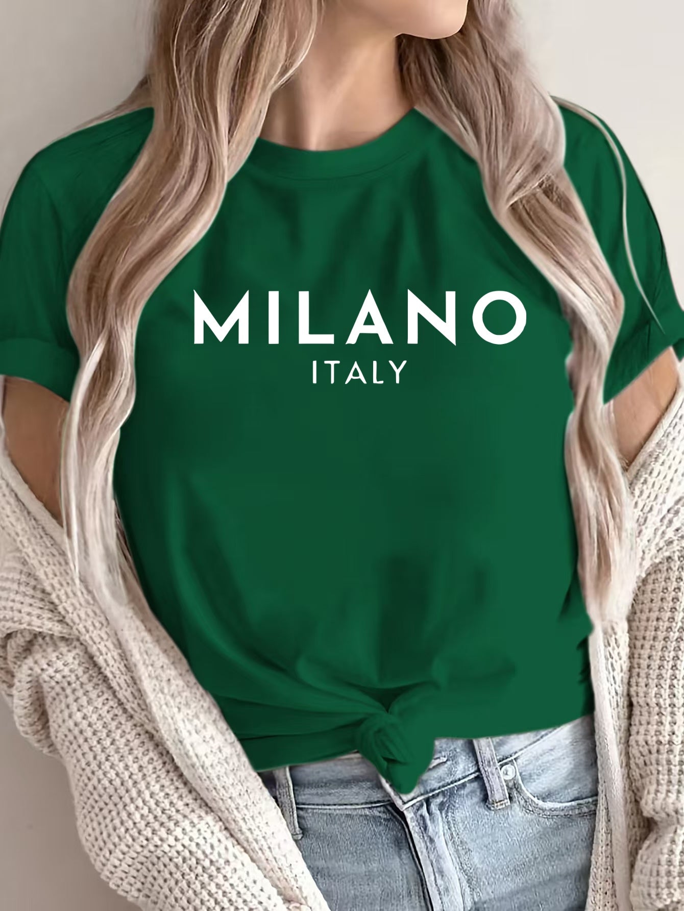 Women'S Casual Polyester T-Shirt with "Milano Italy" Letter Print, Short Sleeve Crew Neck Top, All-Season Knit Fabric Tee, Regular Length - 180gsm