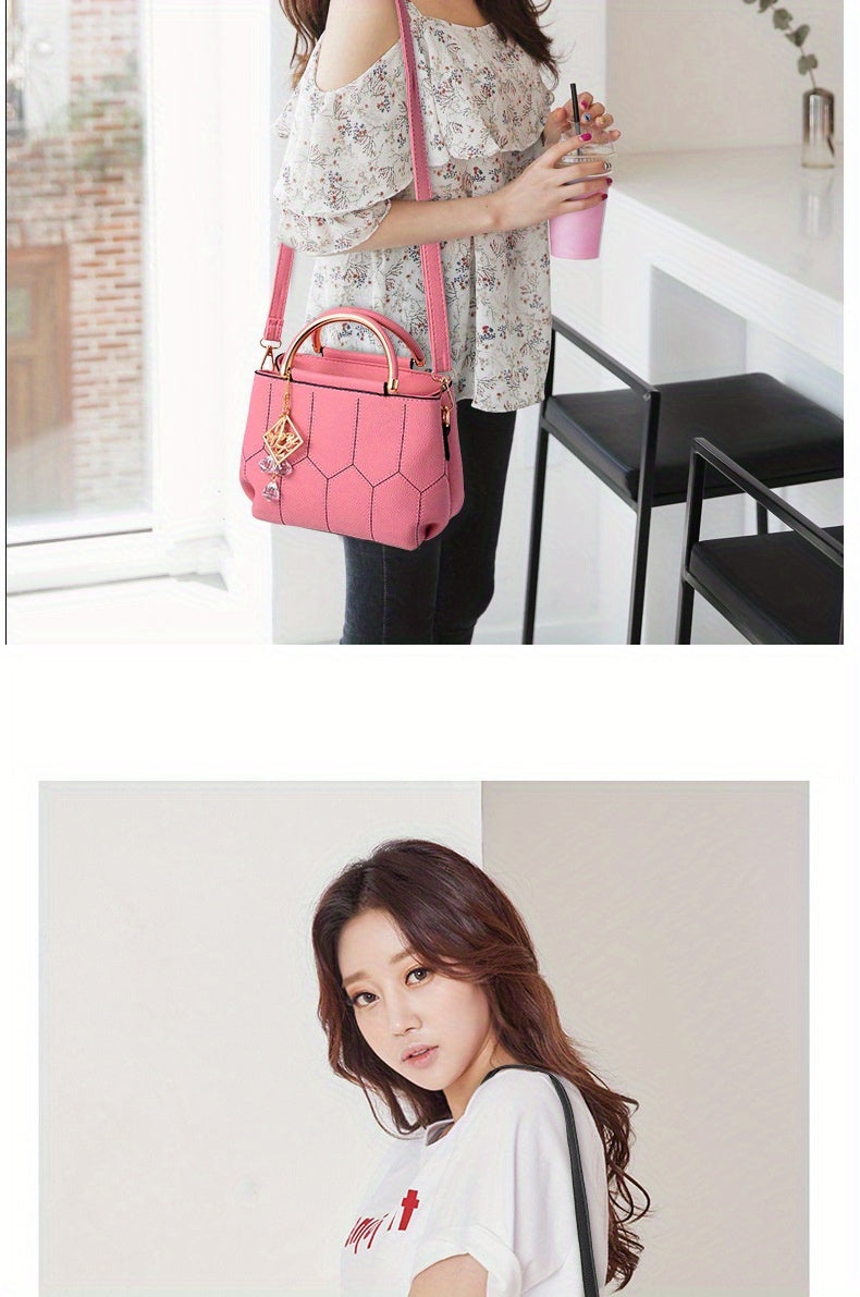 2025 New Women's Geometric Hexagon Pattern Crossbody Bag with Adjustable Strap & Golden-Tone Hardware - Zipper Closure, Polyester Lining, Multiple Colors (Khaki/Dark Gray/White/Pink/Red/Black) - Versatile for Casual & Formal