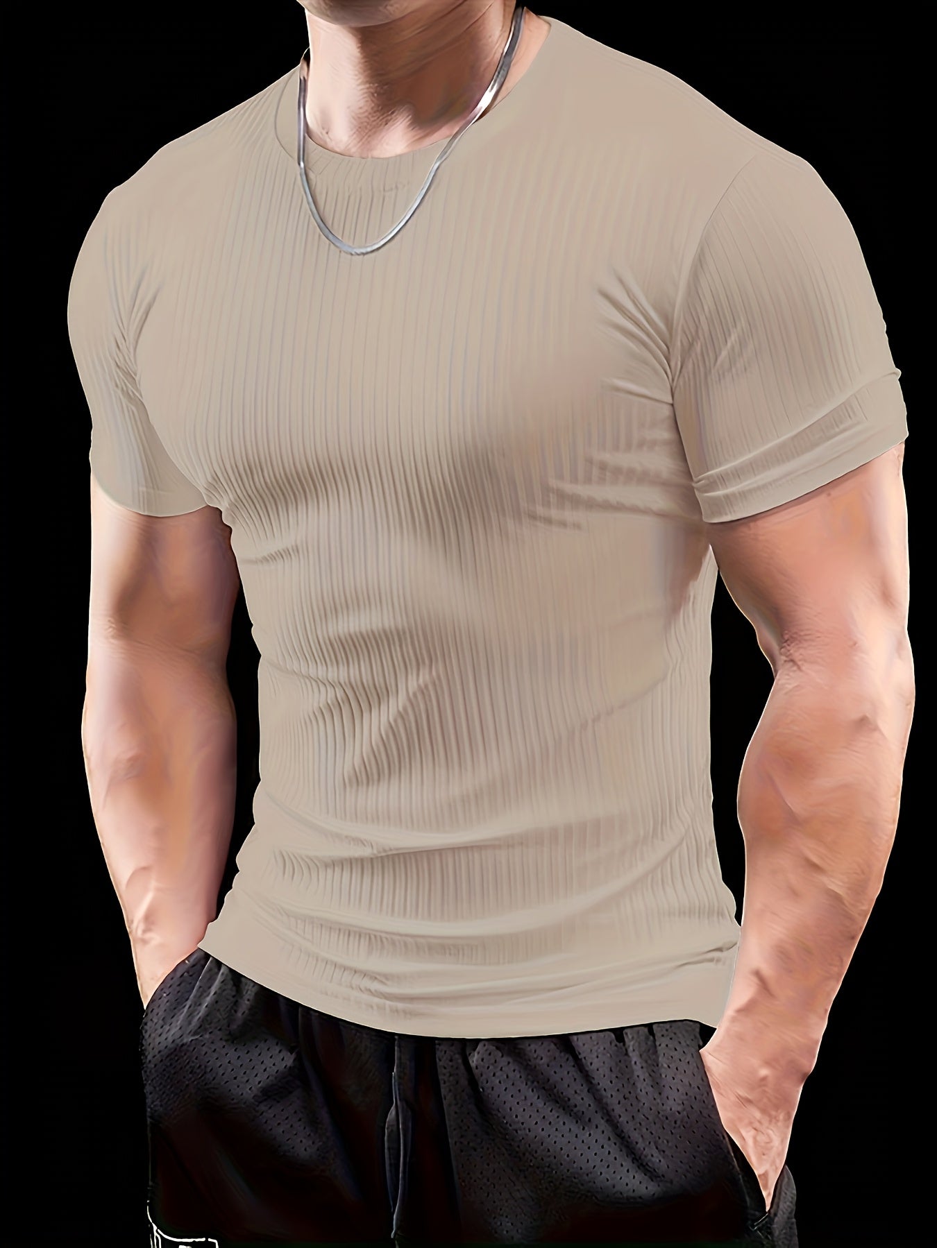 Men's Slim Fit Ribbed Short Sleeve T-Shirt - Stretchy Athletic & Casual Wear, Green, Round Neck, Machine Washable, Muscle-Enhancing Design, Gym Shirts