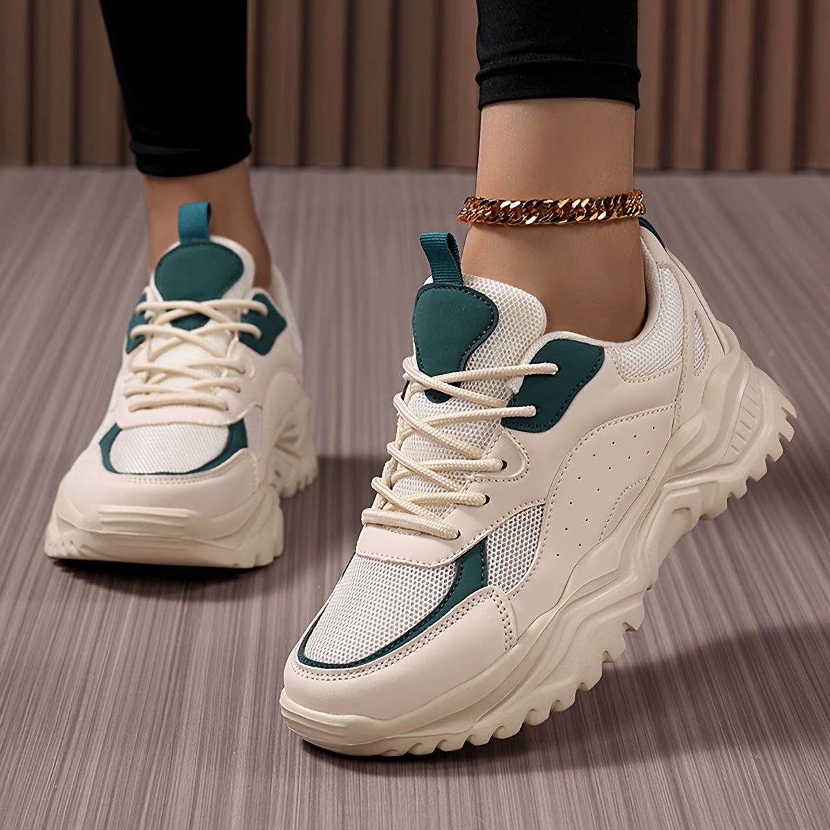 Women's Lightweight Chunky Sneakers - Versatile Korean Style Dad Shoes with Thick Sole, Breathable Mesh Upper, Casual Lace-Up Athletic Footwear in White, Green/White, and Black/Pink