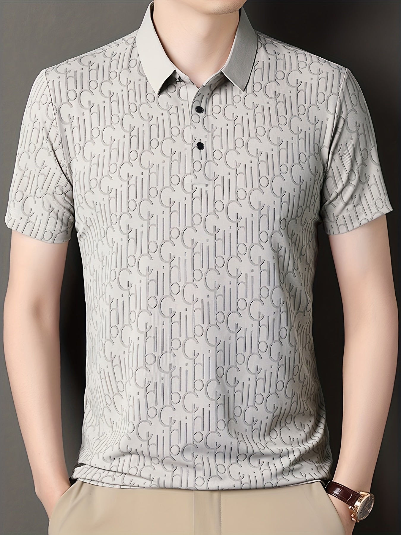 Men'S Casual Summer Short Sleeve T-Shirt with "Gil" Letter Print, Light Gray, Button-Up Collar, Medium Stretch Fabric, Regular Fit, Perfect for Weekend Outings, Relaxed Outing Shirt | Letter Print Tee | Medium Stretch Fabric