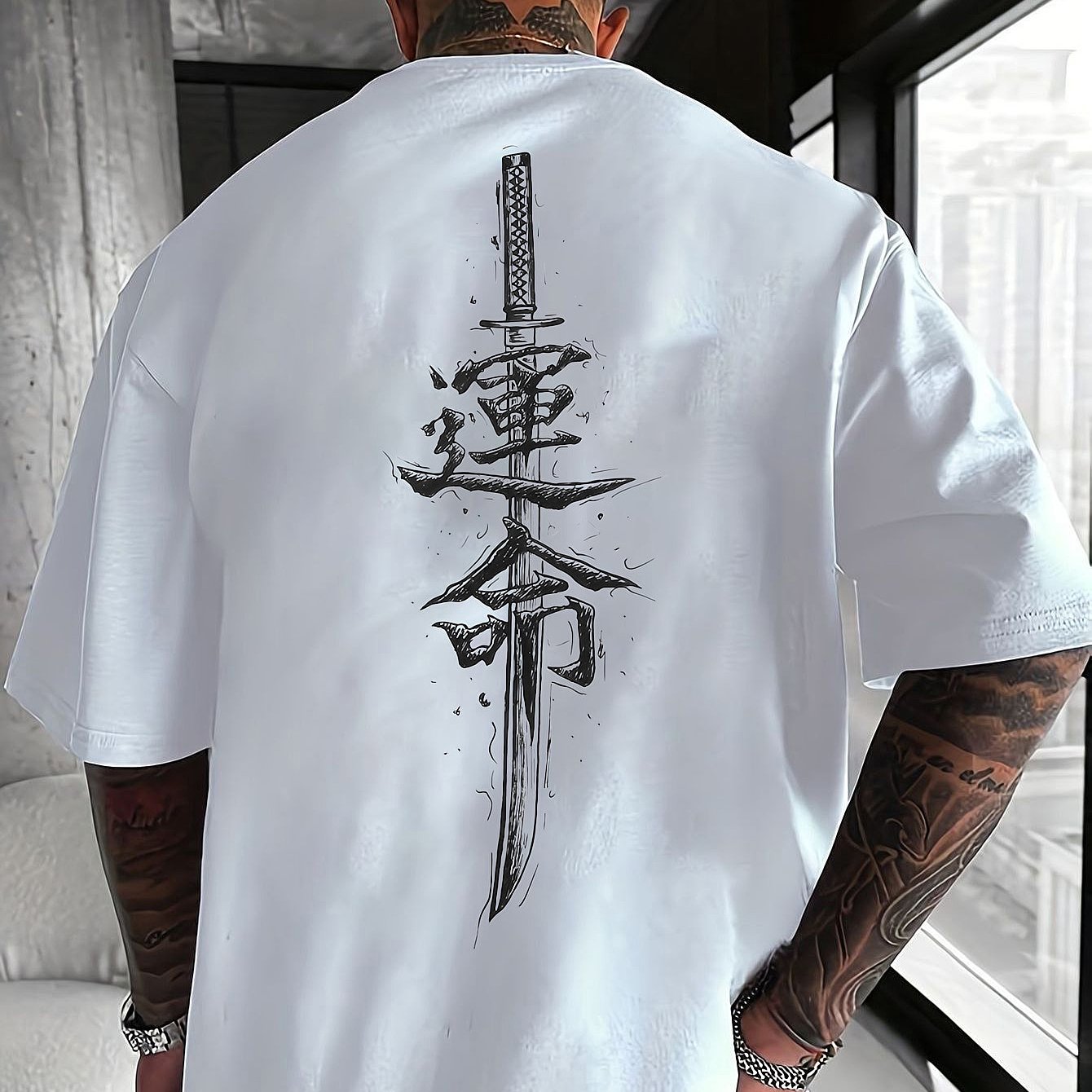 Men'S Japanese Samurai Sword Graphic T-Shirt - Casual Loose Fit Crew Neck, Short Sleeve Tee with Red Stylized Japanese Katanas Design, Breathable Polyester for Spring & Summer Outdoor Wear
