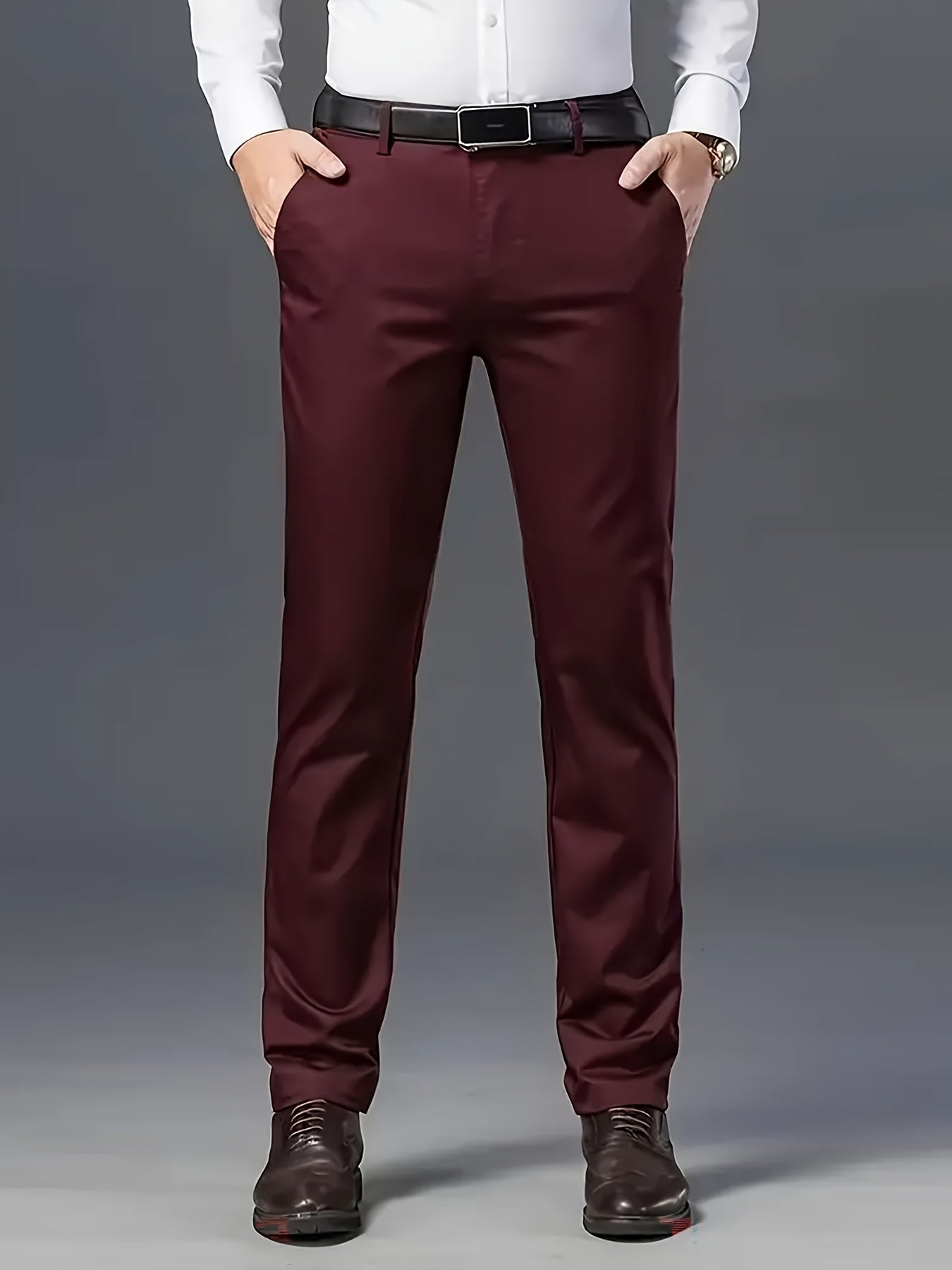 Men's Classic Business Dress Pants, Solid Color Casual Trousers, 100% Polyester, Regular Fit, with Zipper Fly, for Daily Wear and Gifting, All-Season, Allseason Trousers | Notch Lapel Design | Polyester Trousers