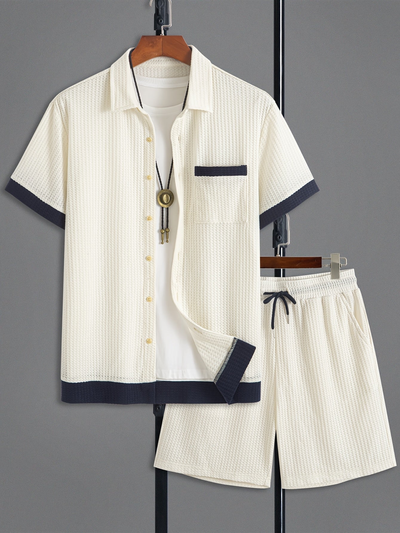 Men'S Casual Fashion Two-Piece Set Featuring a Short-Sleeve Open-Collar Solid Color Spliced Shirt Paired with Solid Color Drawstring Shorts, Made from Soft, Breathable, High-Quality Knitted Textured Fabric, Offering a Trendy