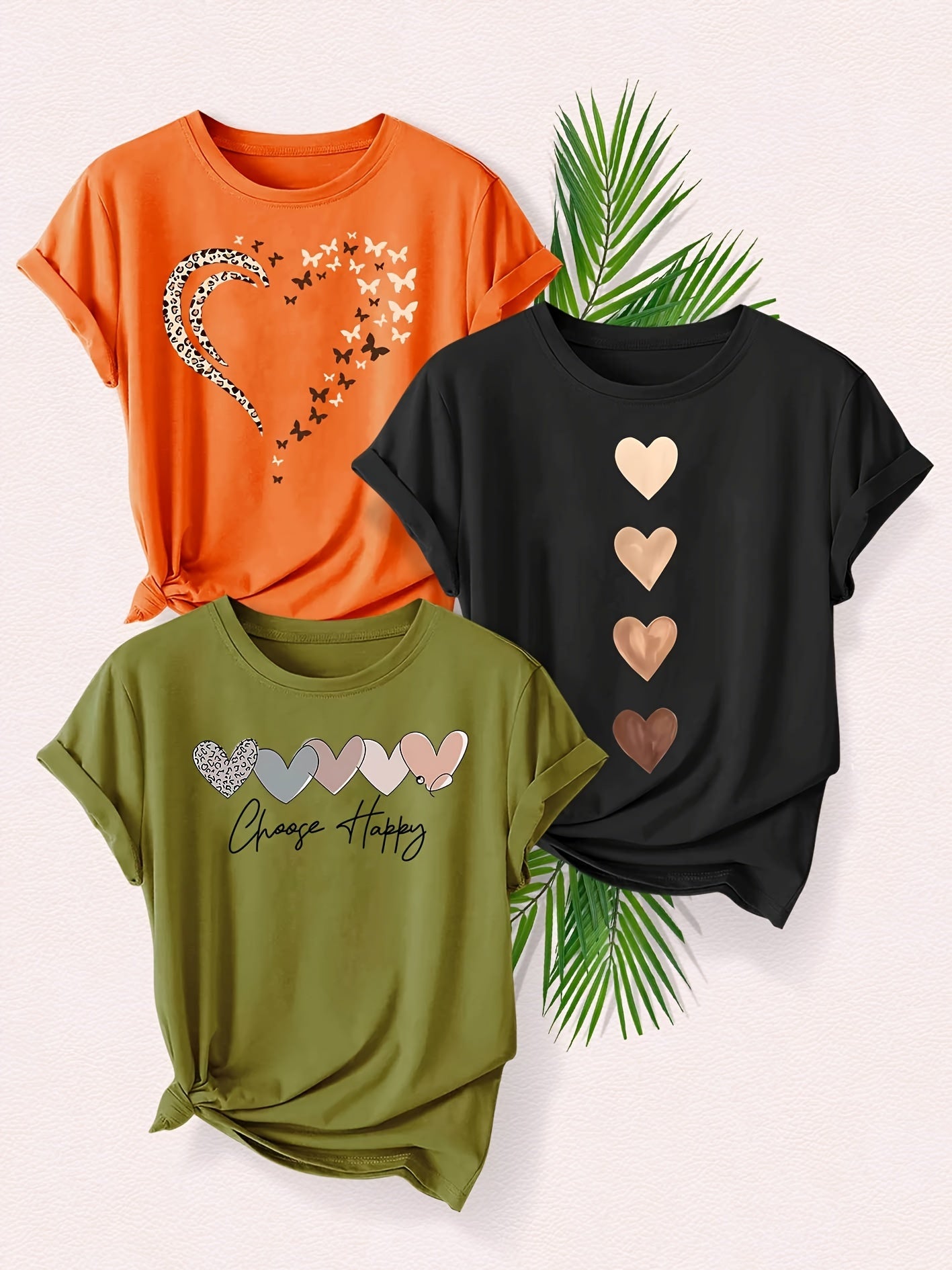 Leopard Print Small Butterfly Love Hearts in Pairs with English Letter Pattern Printed Fashion Retro Style Women's Spring, Autumn and Winter Casual Sports Top Round Neck Short Sleeve T-shirt 3pcs Combination Pack Family Pack
